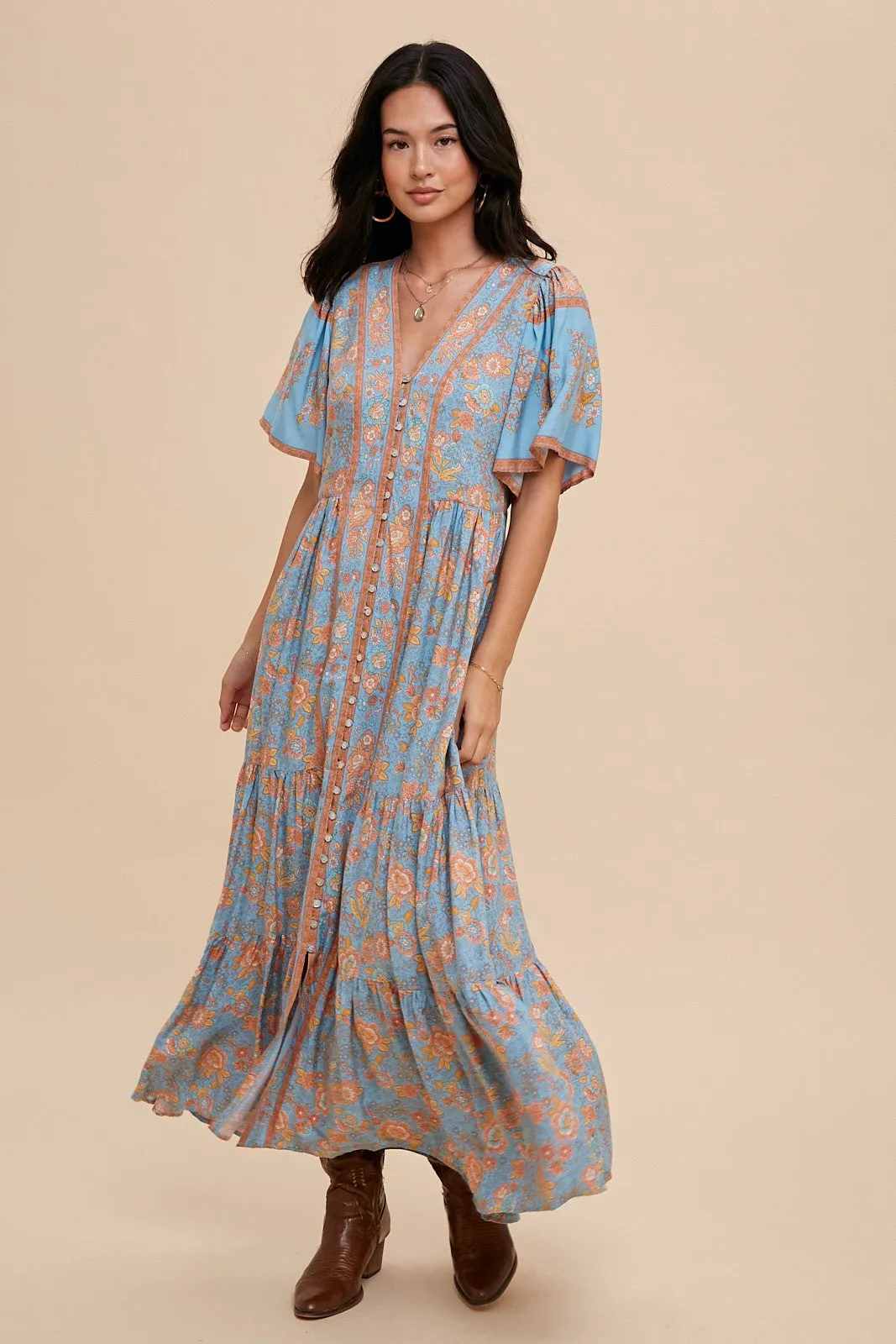 Dusty Blue Border Print Button Front Midi Dress sold by Pinkblush