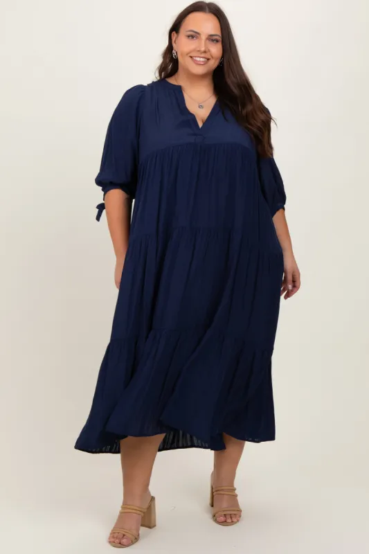 Navy Blue Striped Tiered Plus Midi Dress sold by Pinkblush