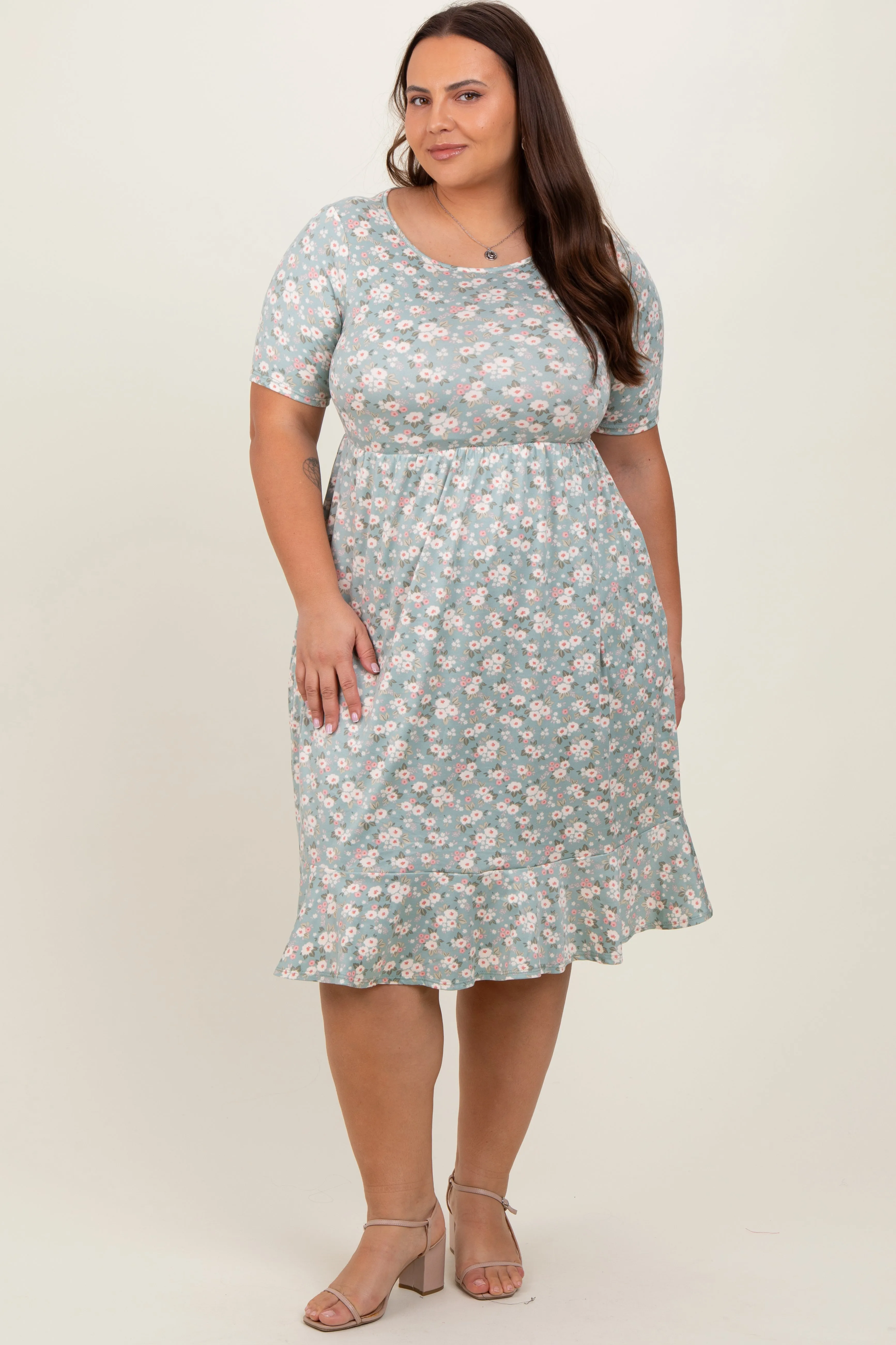 Light Olive Floral Knit Short Sleeve Plus Dress sold by Pinkblush product image thumbnail 2