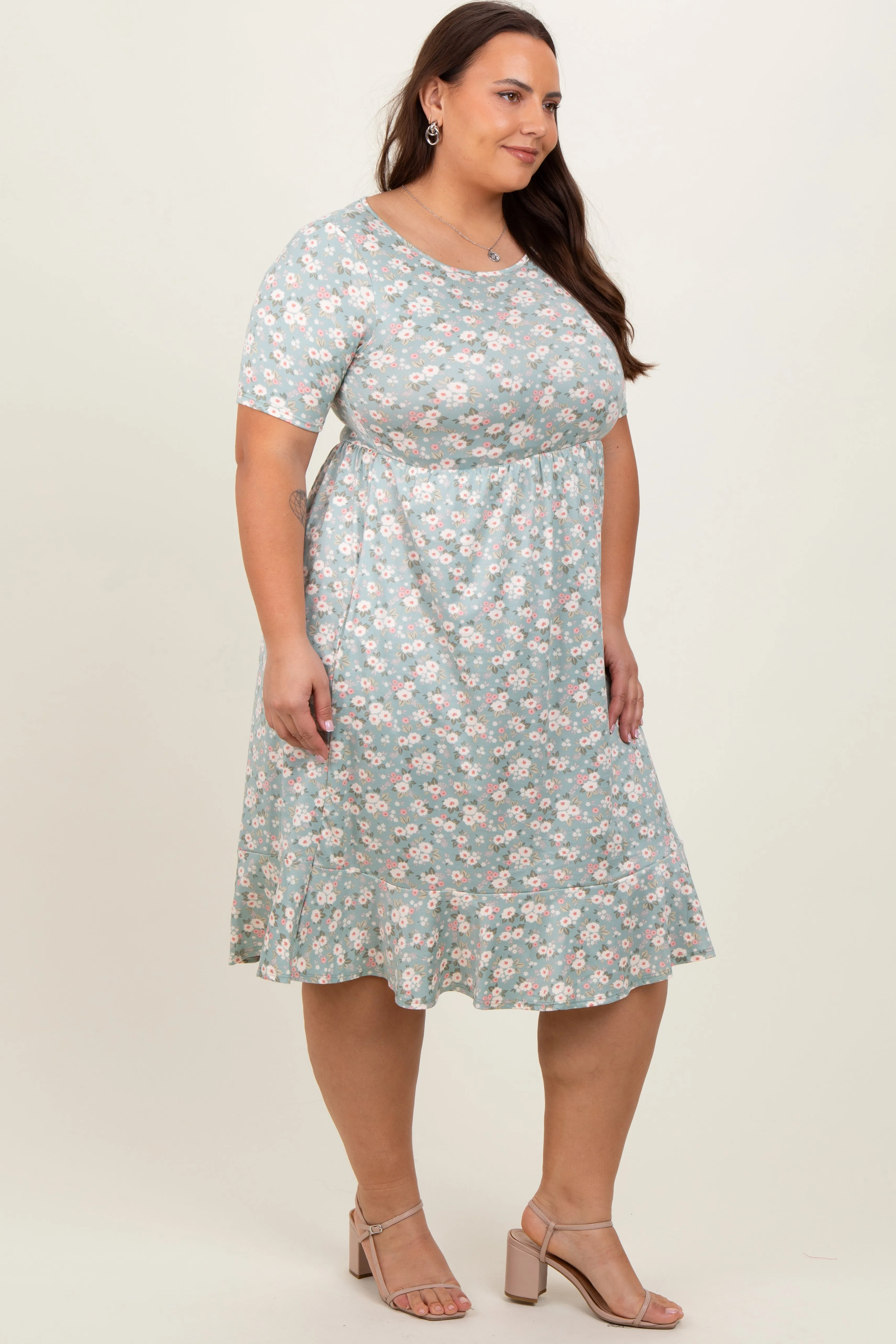 Light Olive Floral Knit Short Sleeve Plus Dress sold by Pinkblush product image thumbnail 3