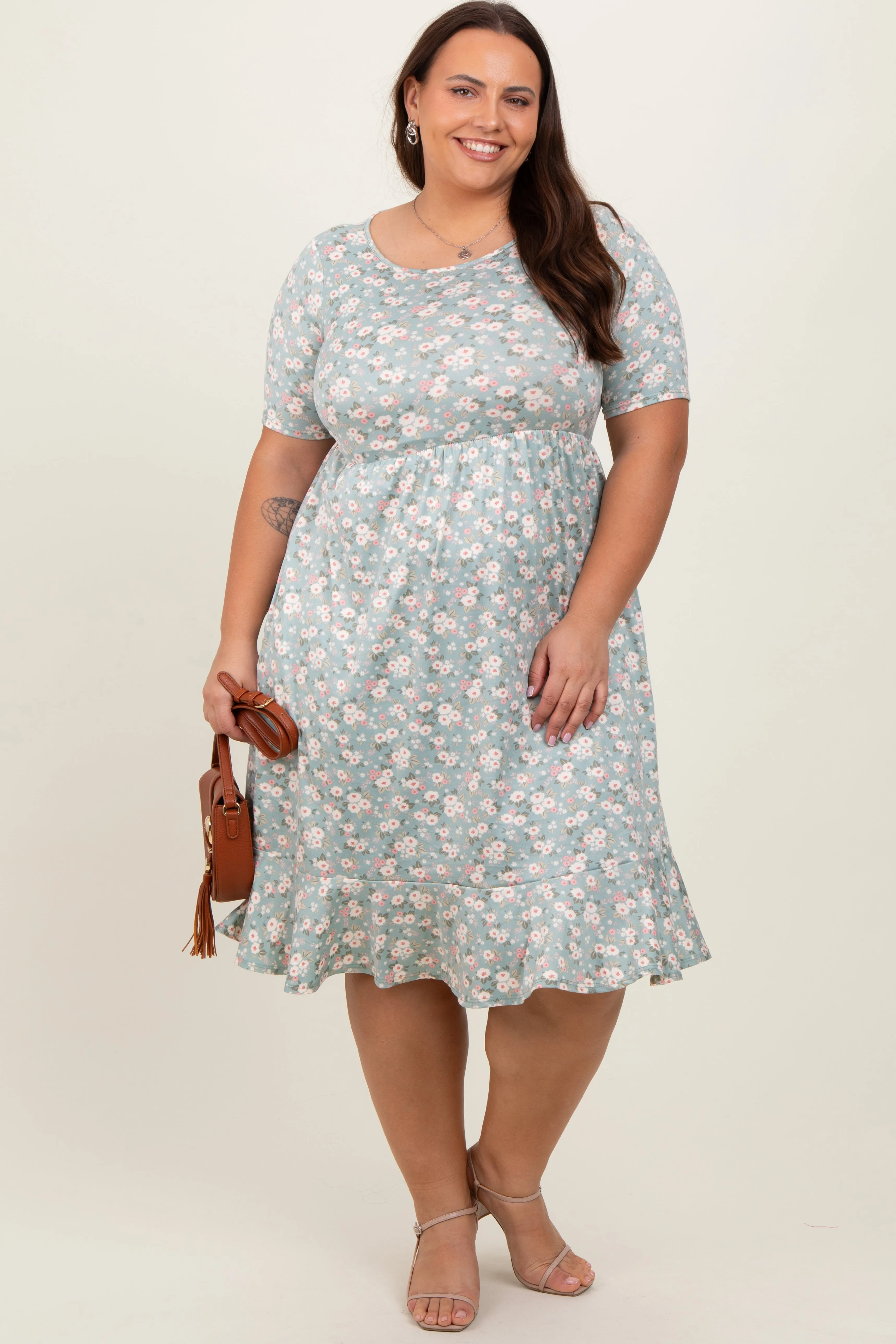 Light Olive Floral Knit Short Sleeve Plus Dress sold by Pinkblush