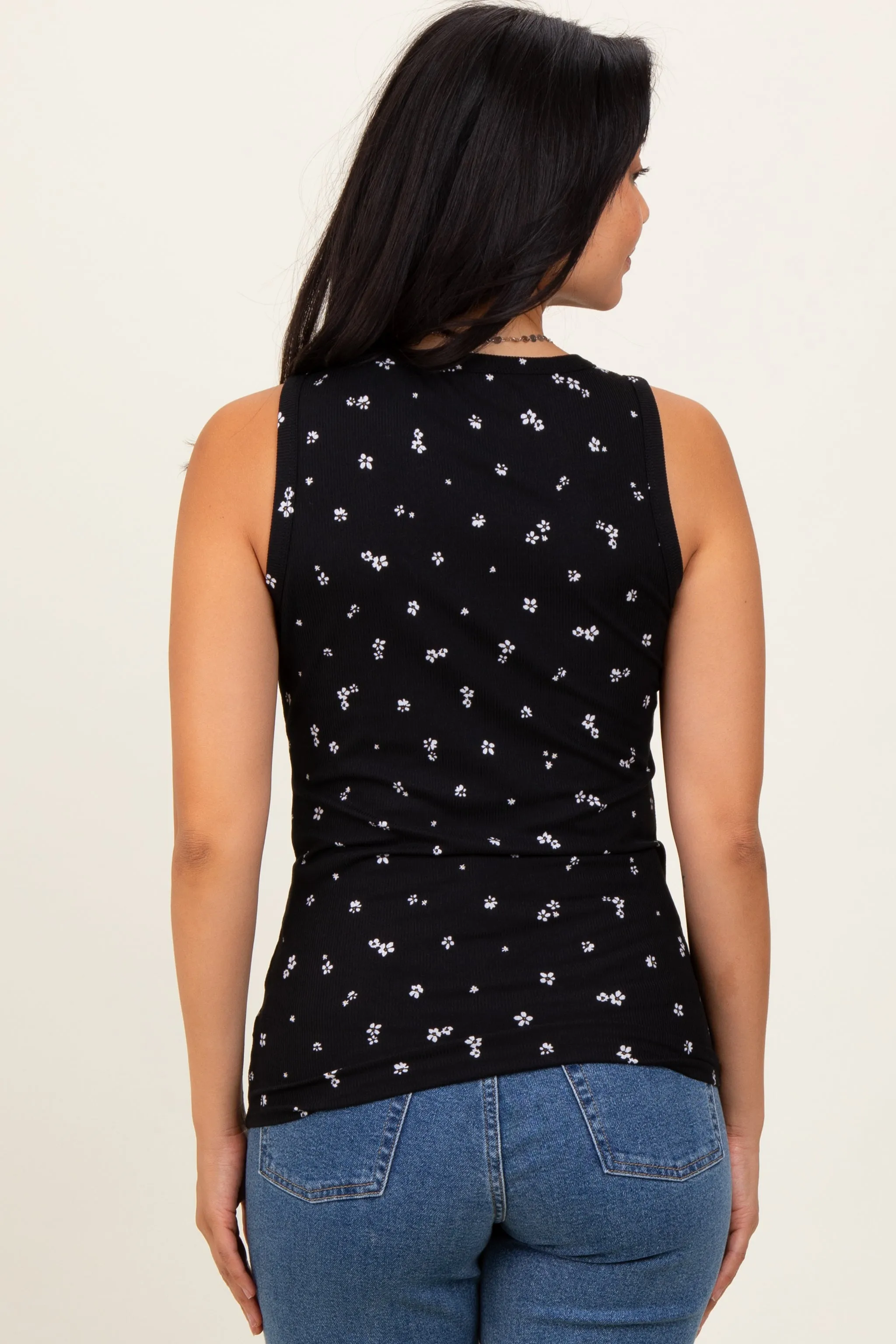 Black Floral Print Ribbed Henley Sleeveless Top sold by Pinkblush product image thumbnail 4