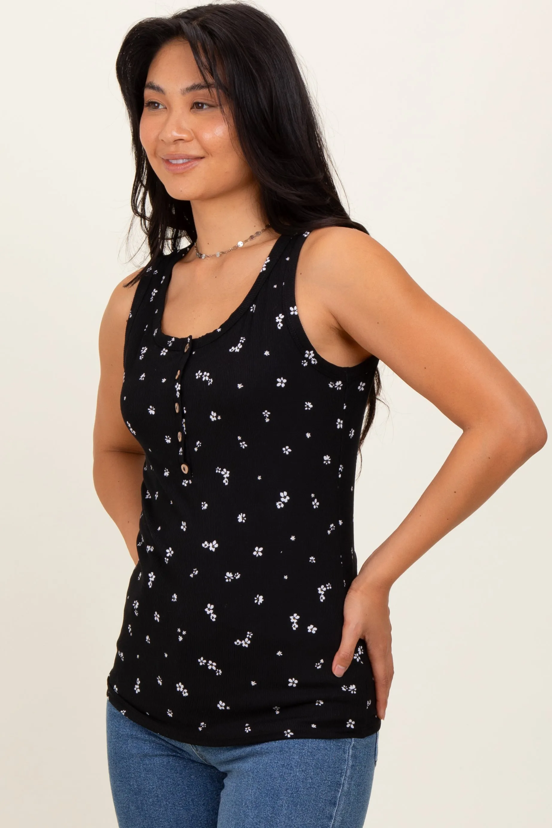 Black Floral Print Ribbed Henley Sleeveless Top sold by Pinkblush product image thumbnail 3