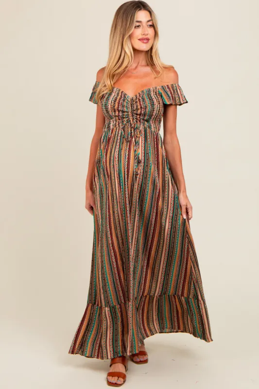Multicolor Off Shoulder Cinched Maternity Maxi Dress sold by Pinkblush