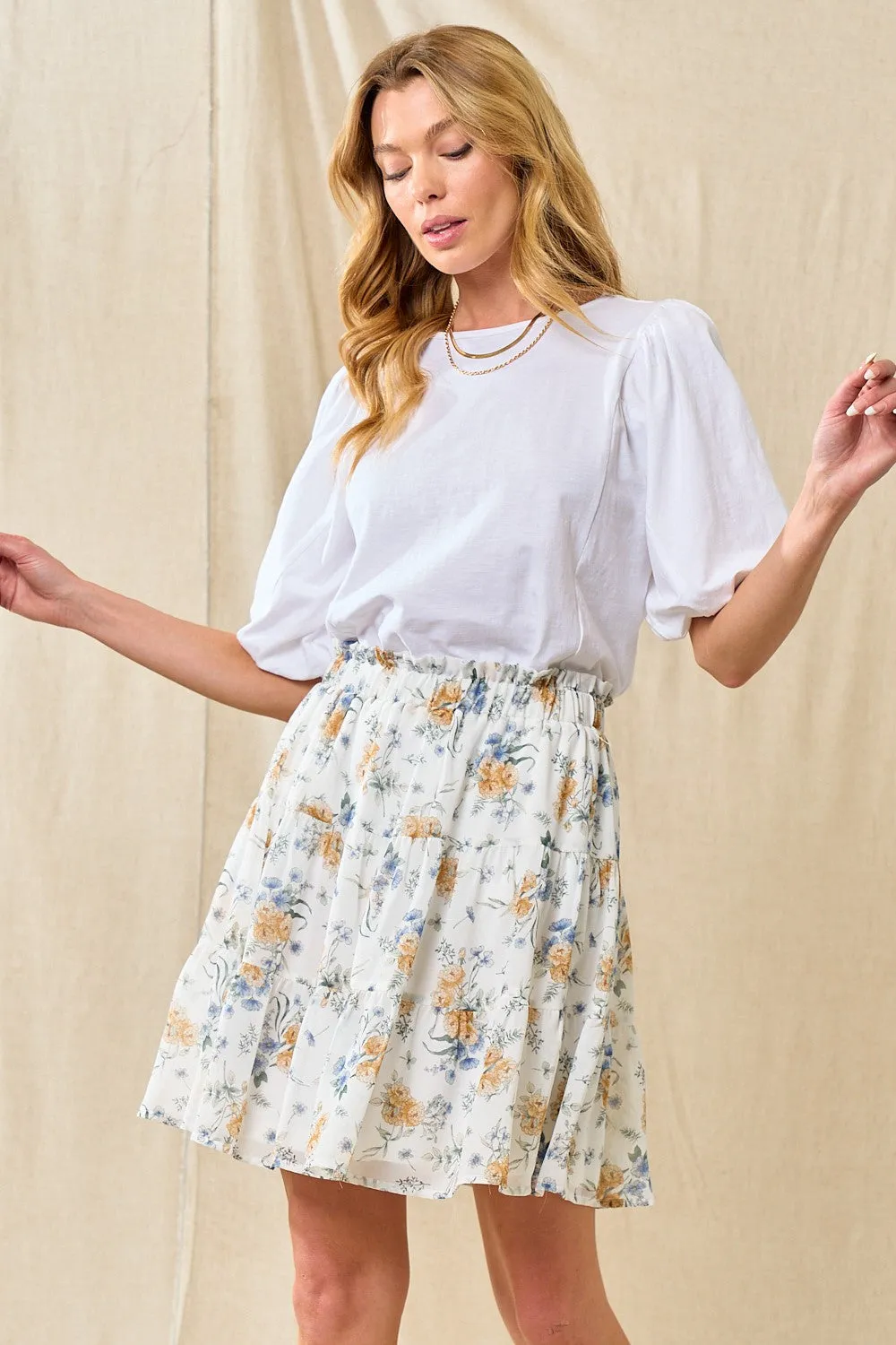 Ivory Blue Chiffon Floral Tiered Skirt sold by Pinkblush