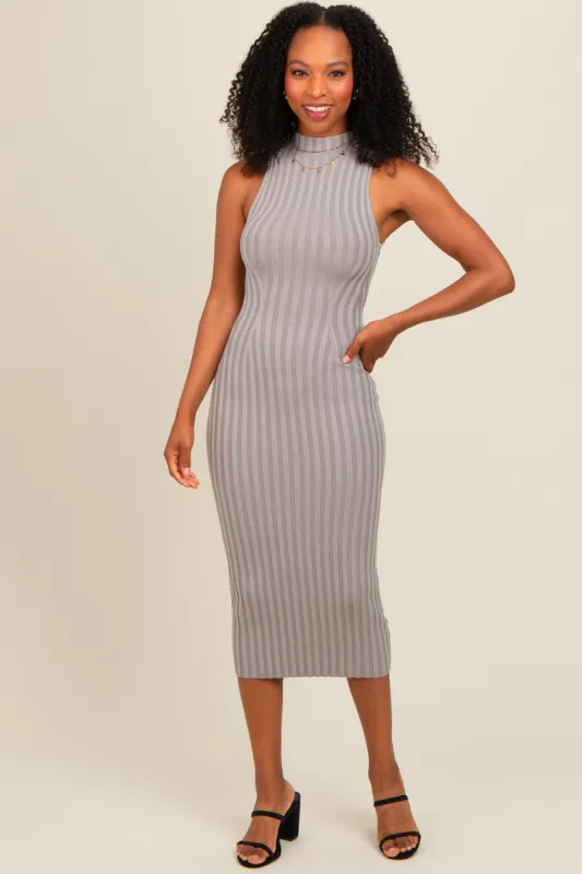 Grey Ribbed Knit Mock Neck Fitted Dress sold by Pinkblush
