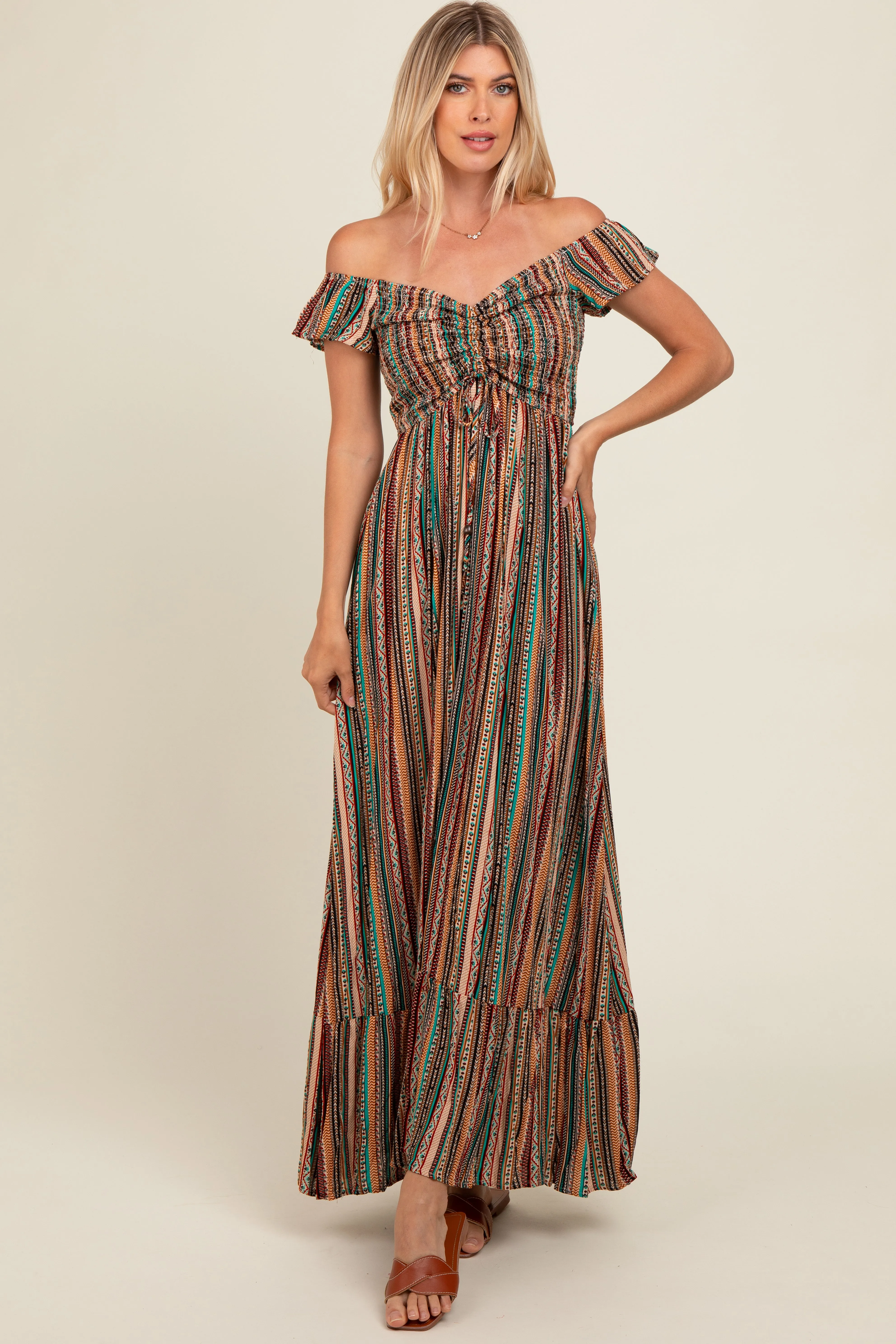 Multicolor Off Shoulder Cinched Maxi Dress sold by Pinkblush product image thumbnail 2