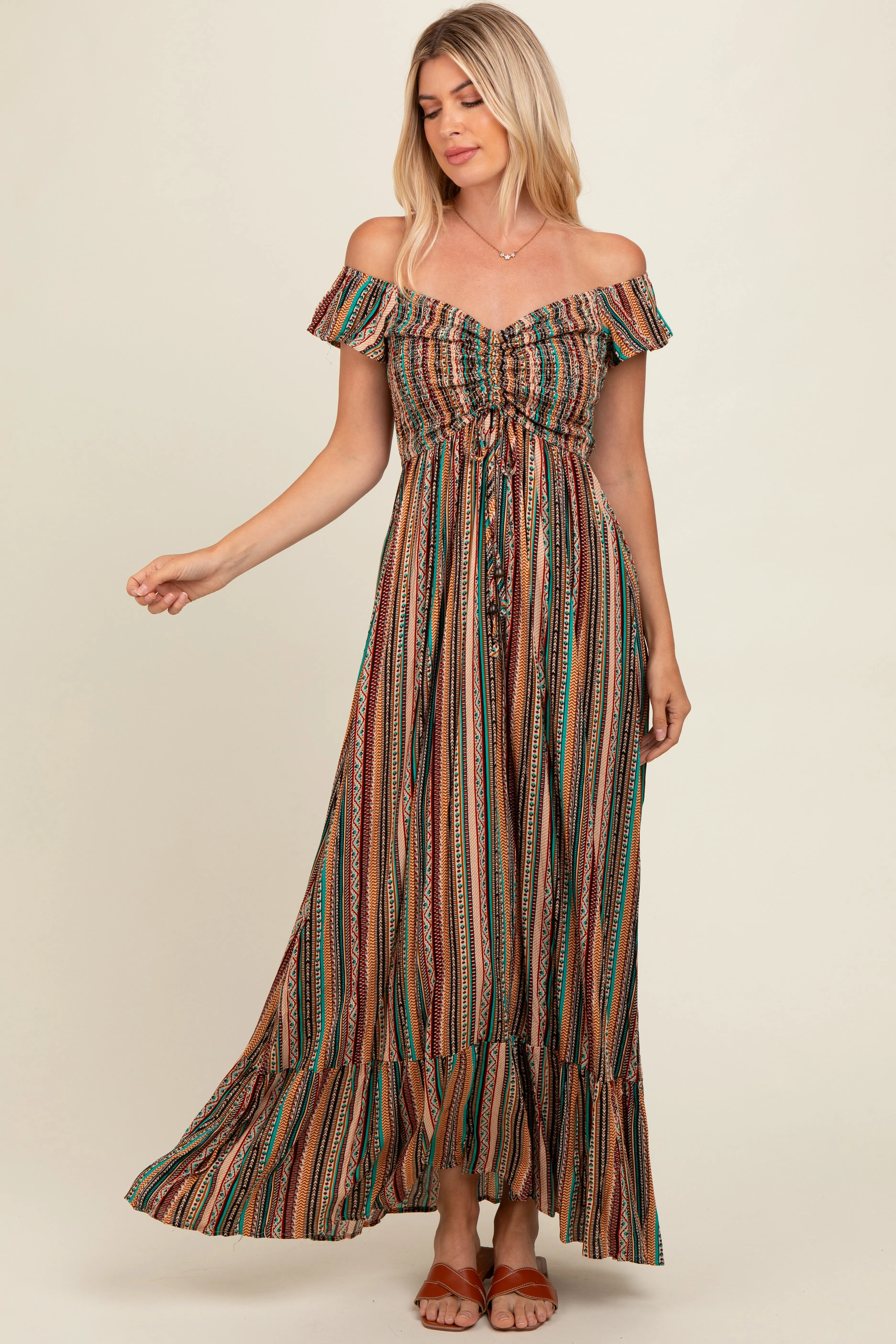 Multicolor Off Shoulder Cinched Maxi Dress sold by Pinkblush