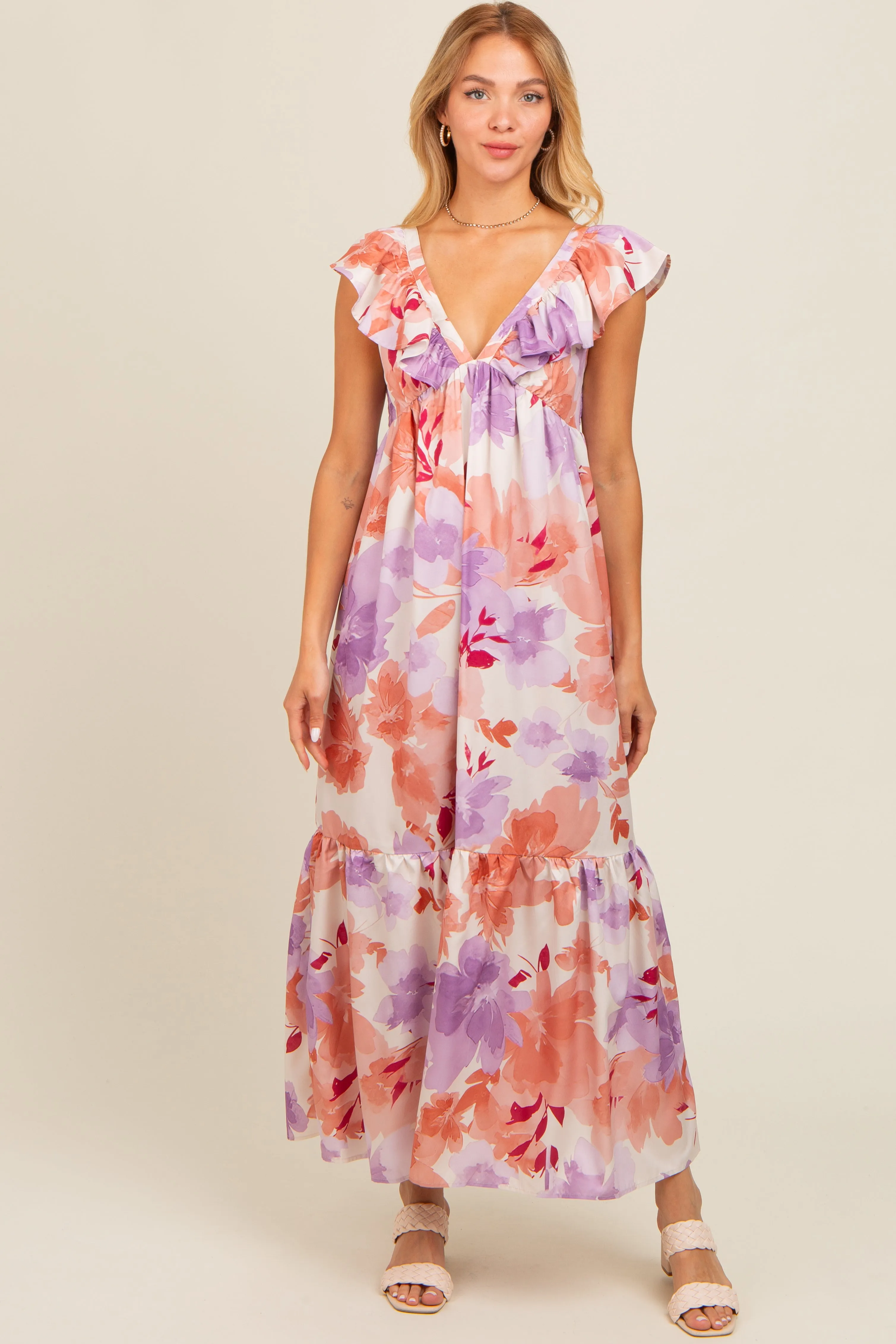 Mauve Floral Ruffle Accent V-Neck Maxi Dress sold by Pinkblush