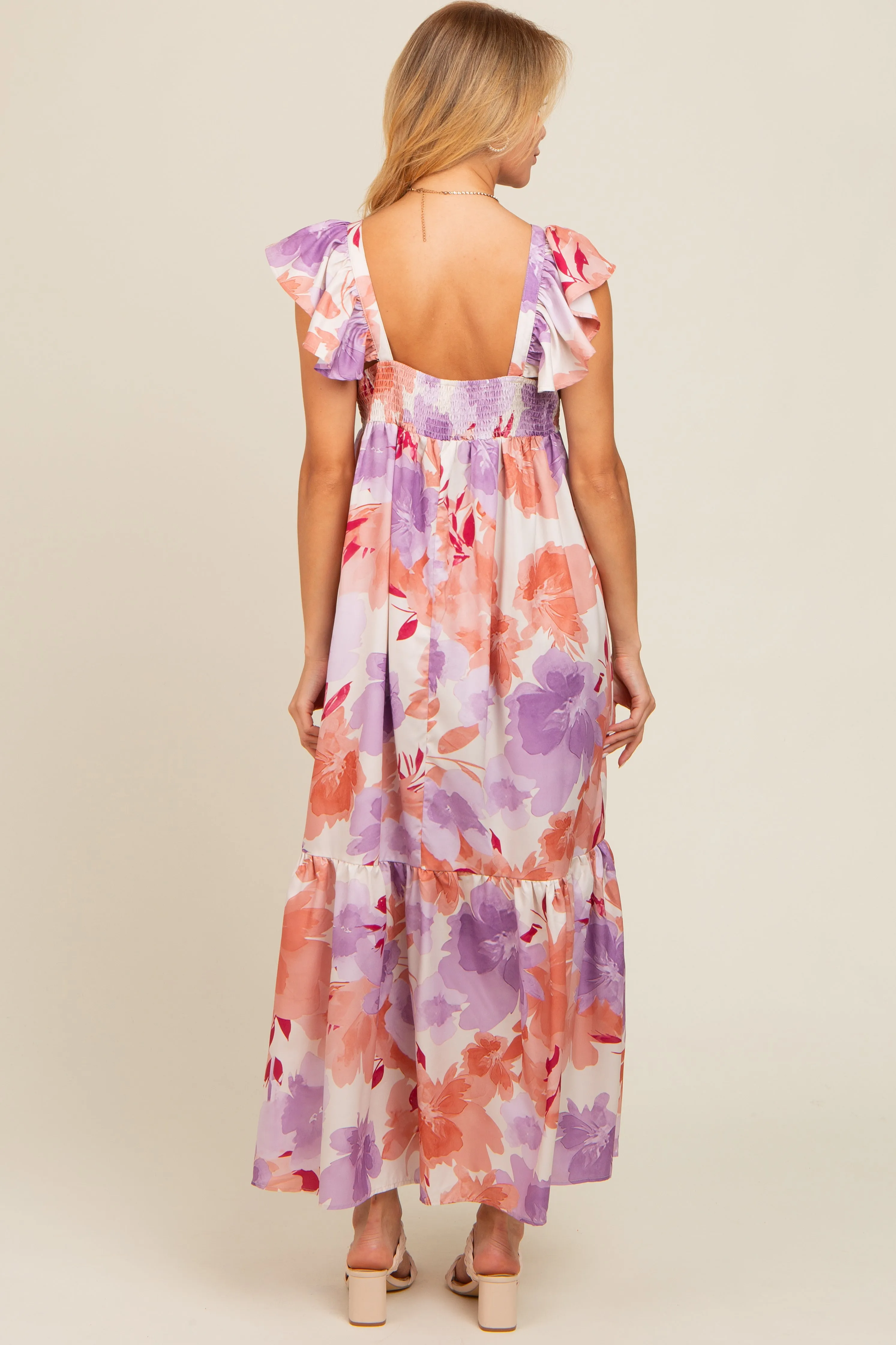 Mauve Floral Ruffle Accent V-Neck Maxi Dress sold by Pinkblush product image thumbnail 2
