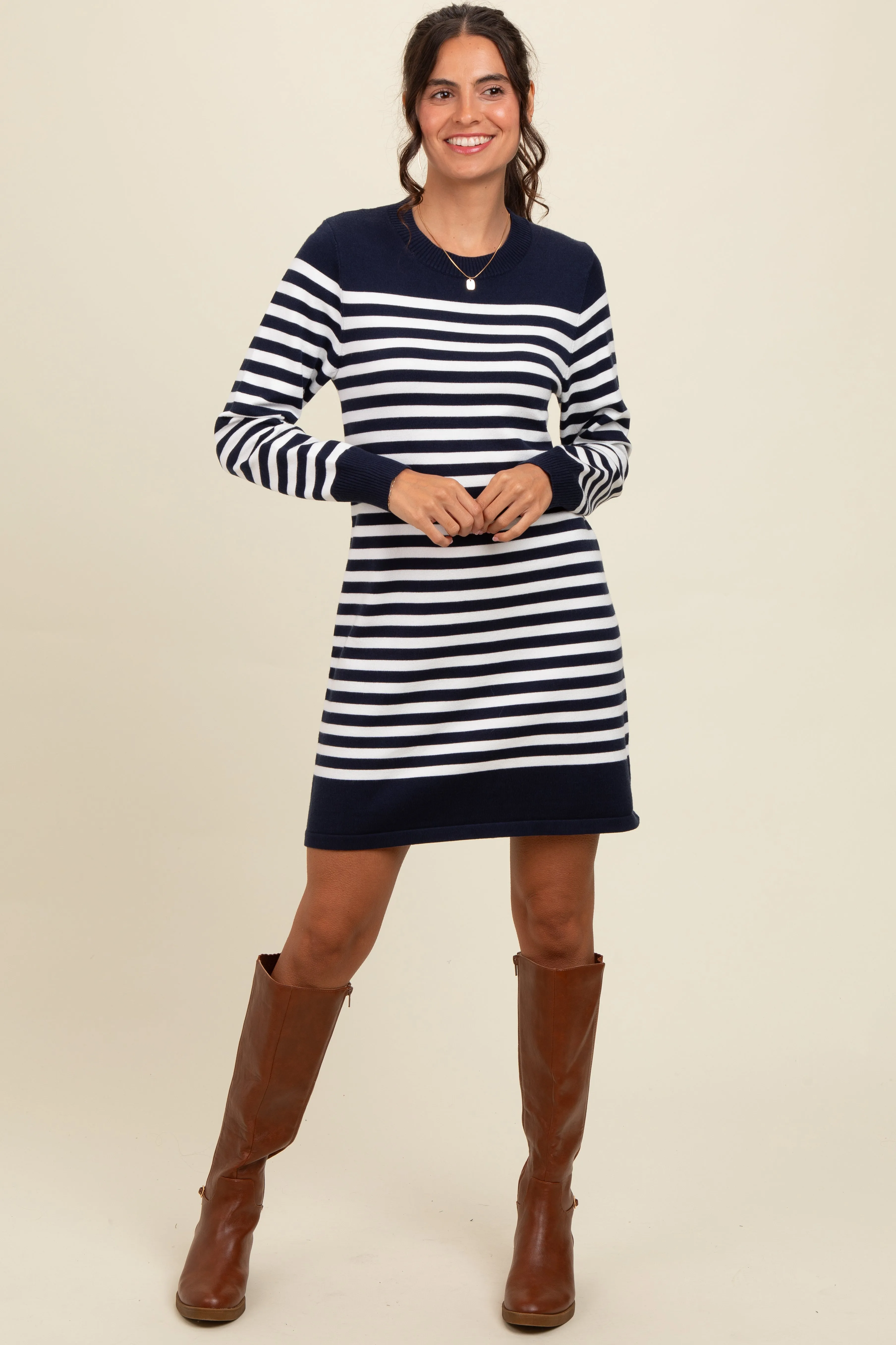 Navy Striped Long Sleeve Knit Mini Dress sold by Pinkblush