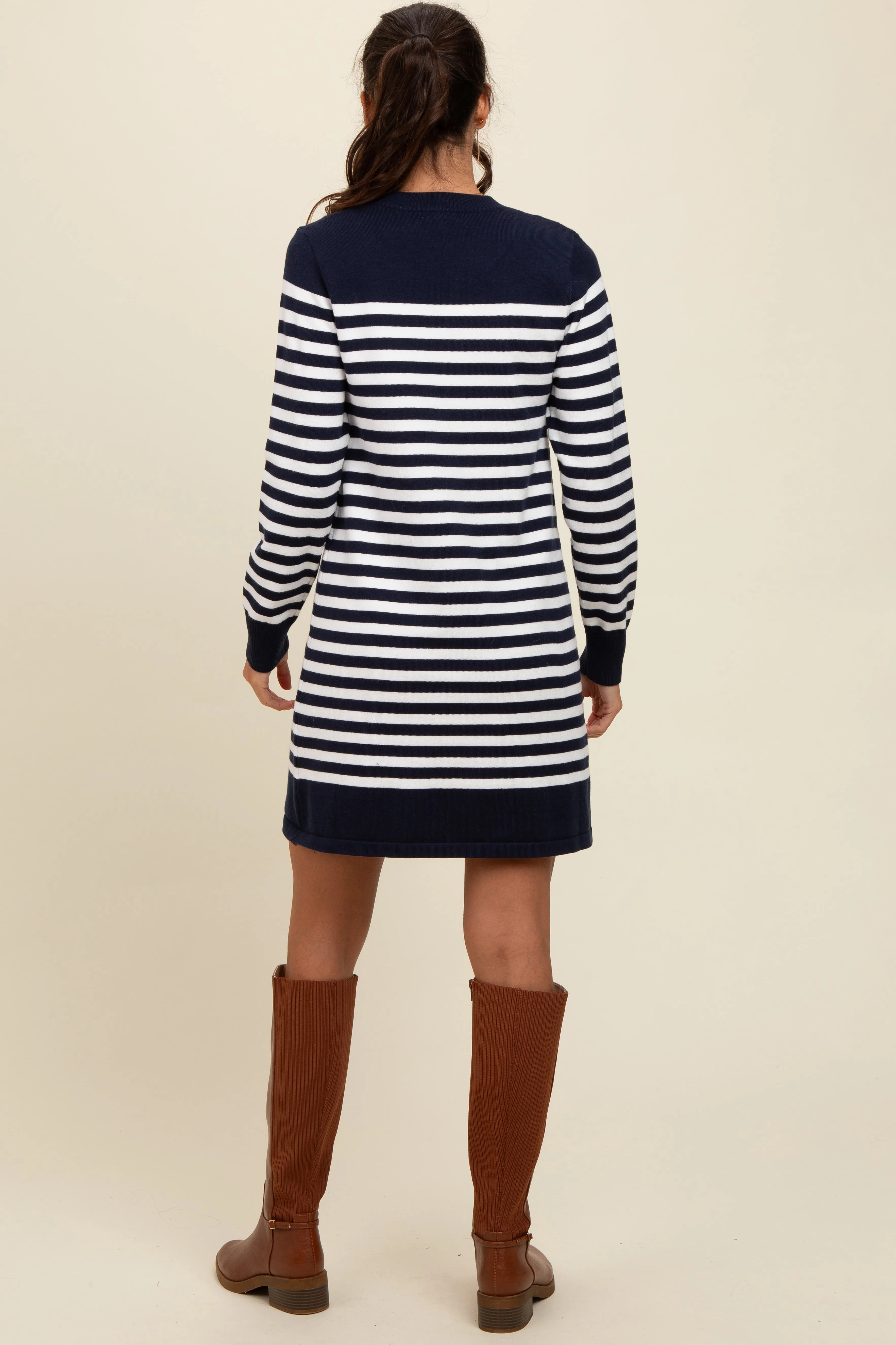 Navy Striped Long Sleeve Knit Mini Dress sold by Pinkblush product image thumbnail 3