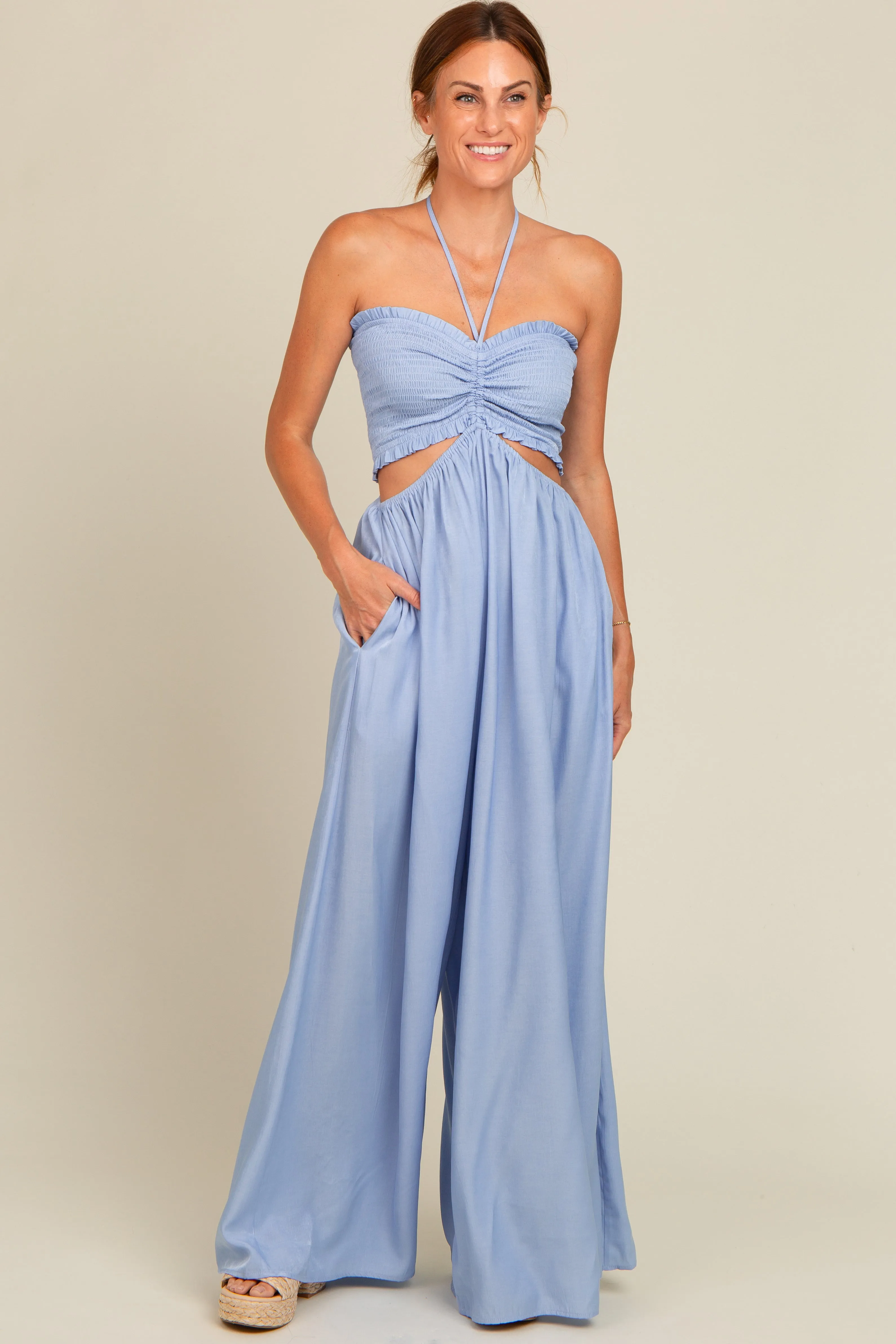 Light Blue Smocked Drawstring Halter Side Cutout Maternity Jumpsuit sold by Pinkblush product image thumbnail 3