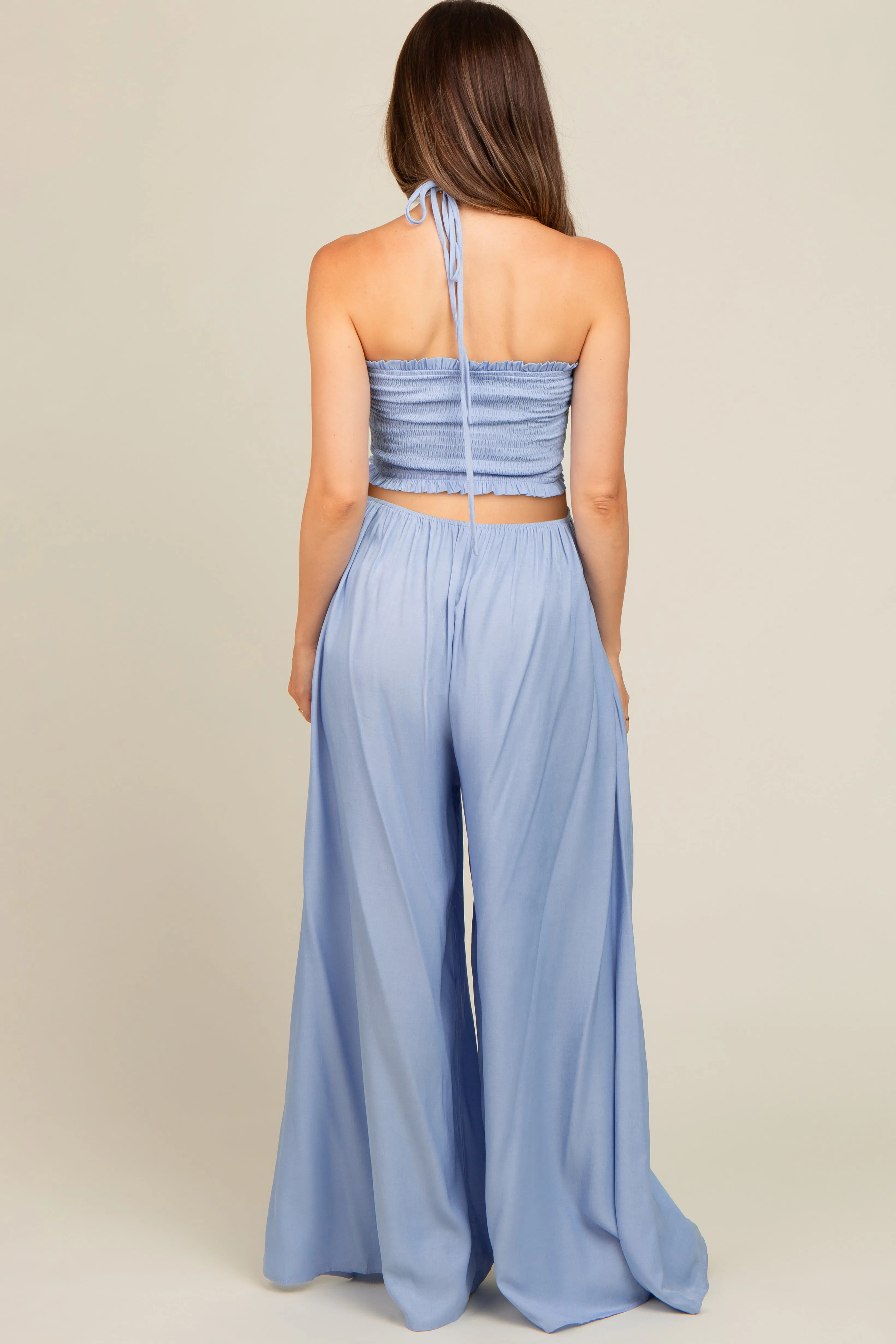 Light Blue Smocked Drawstring Halter Side Cutout Maternity Jumpsuit sold by Pinkblush product image thumbnail 2