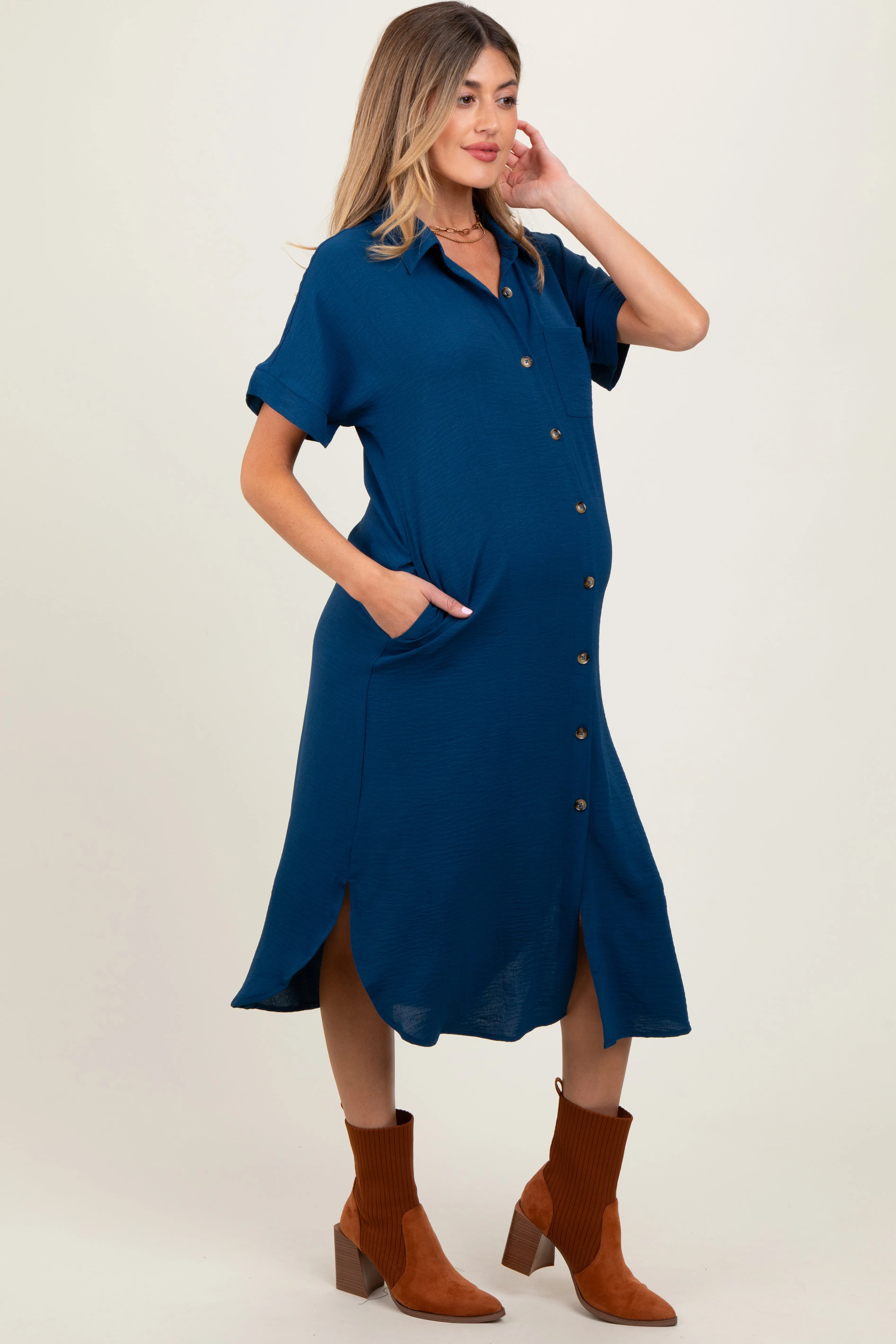 Navy Button Down Front Pocket Maternity Midi Dress sold by Pinkblush product image thumbnail 2