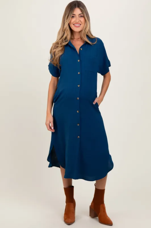 Navy Button Down Front Pocket Maternity Midi Dress sold by Pinkblush