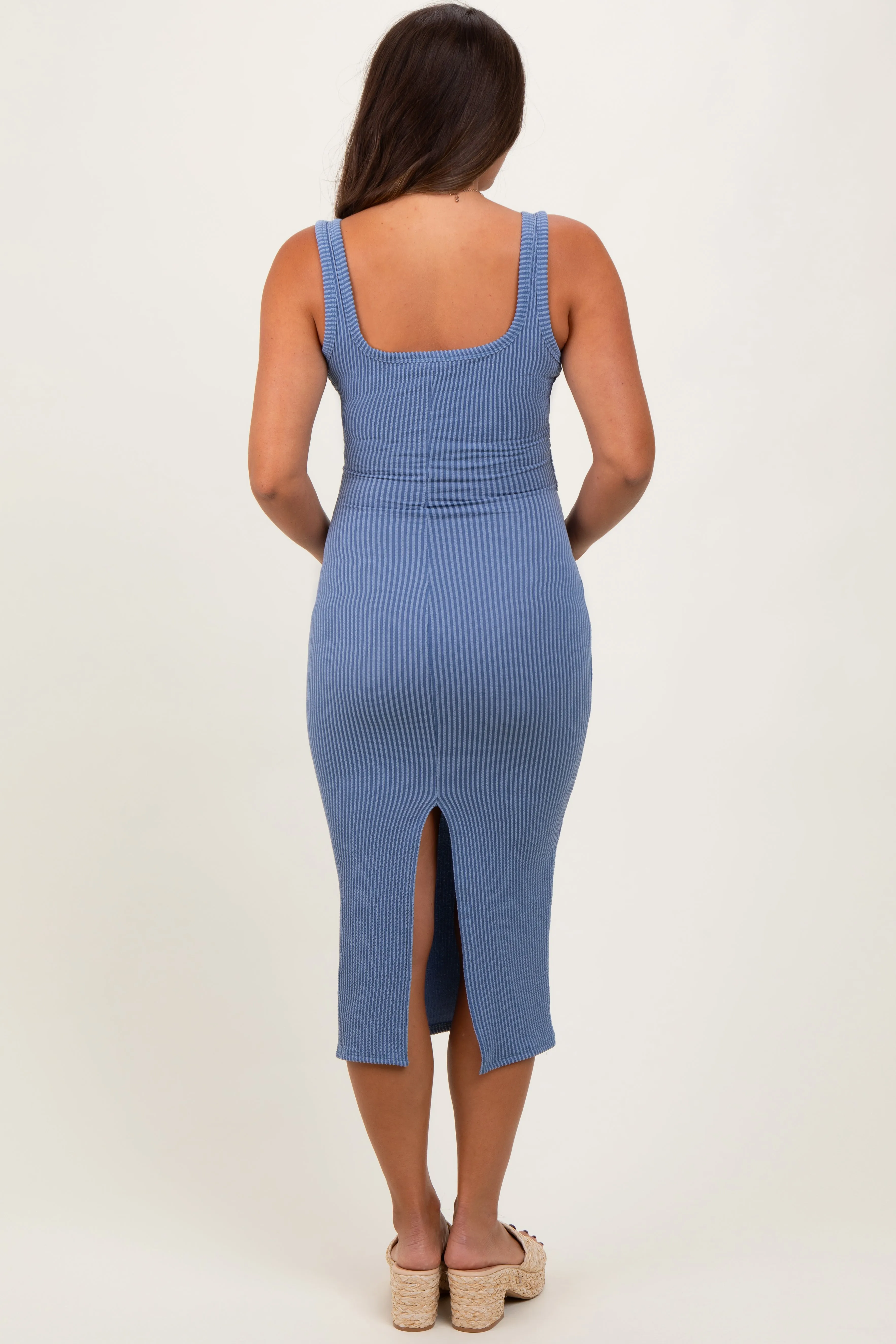 Blue Ribbed Front Tie Sleeveless Maternity Midi Dress sold by Pinkblush product image thumbnail 3