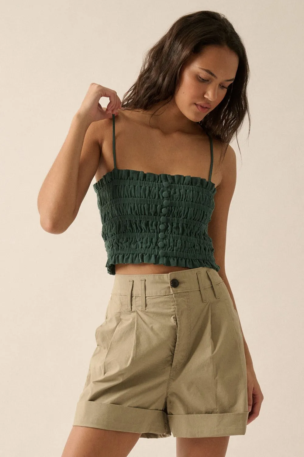 Pine Green Solid Smocked-Bodice Cropped Cami Top sold by Pinkblush