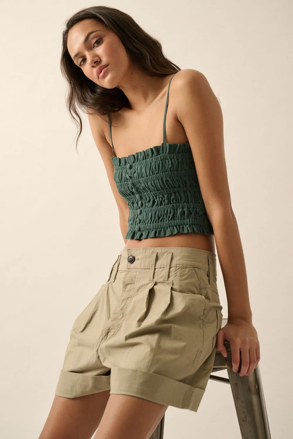 Pine Green Solid Smocked-Bodice Cropped Cami Top sold by Pinkblush product image thumbnail 2