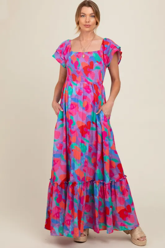 Pink Smocked Ruffle Sleeve Maternity Maxi Dress sold by Pinkblush