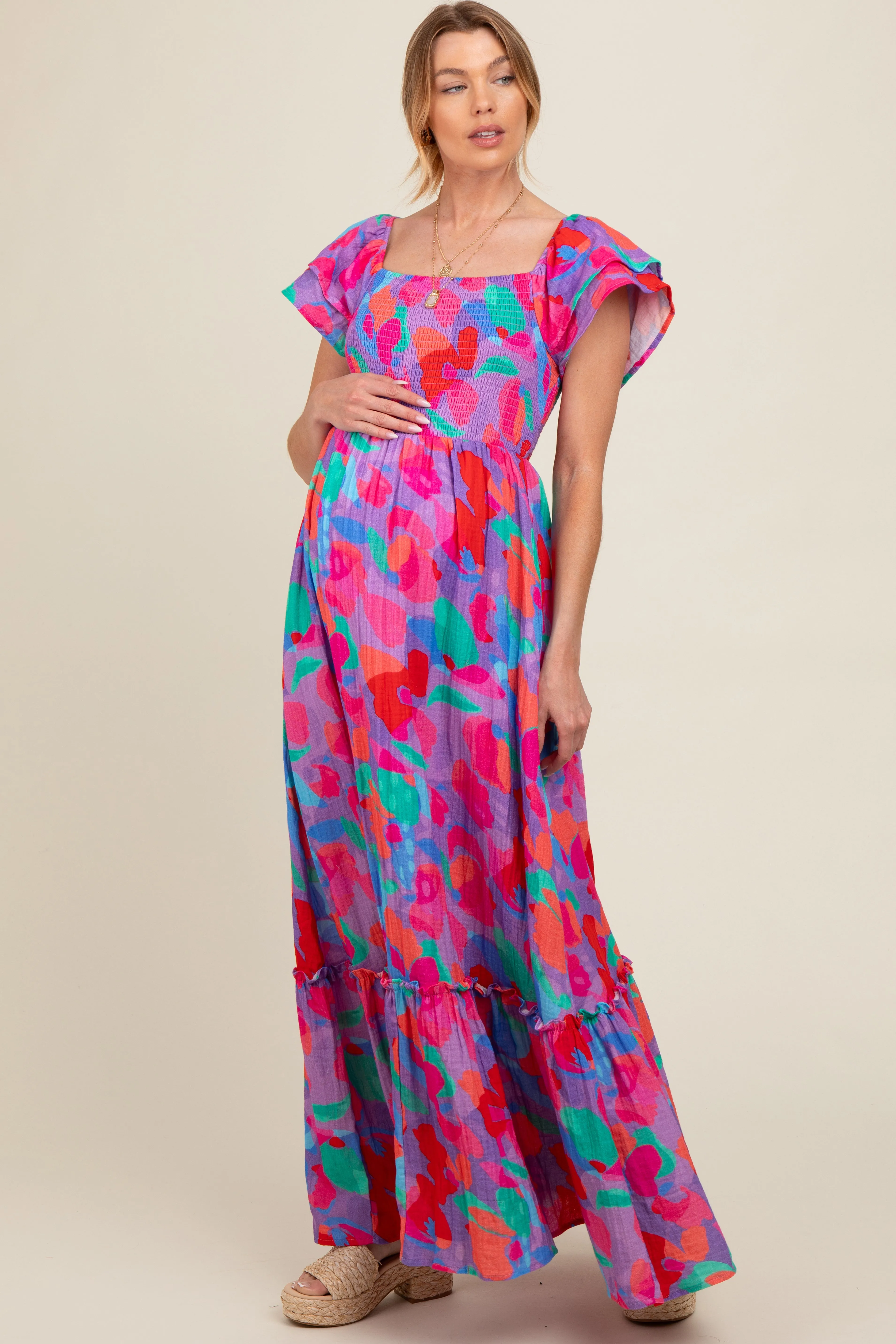 Pink Smocked Ruffle Sleeve Maternity Maxi Dress sold by Pinkblush product image thumbnail 2