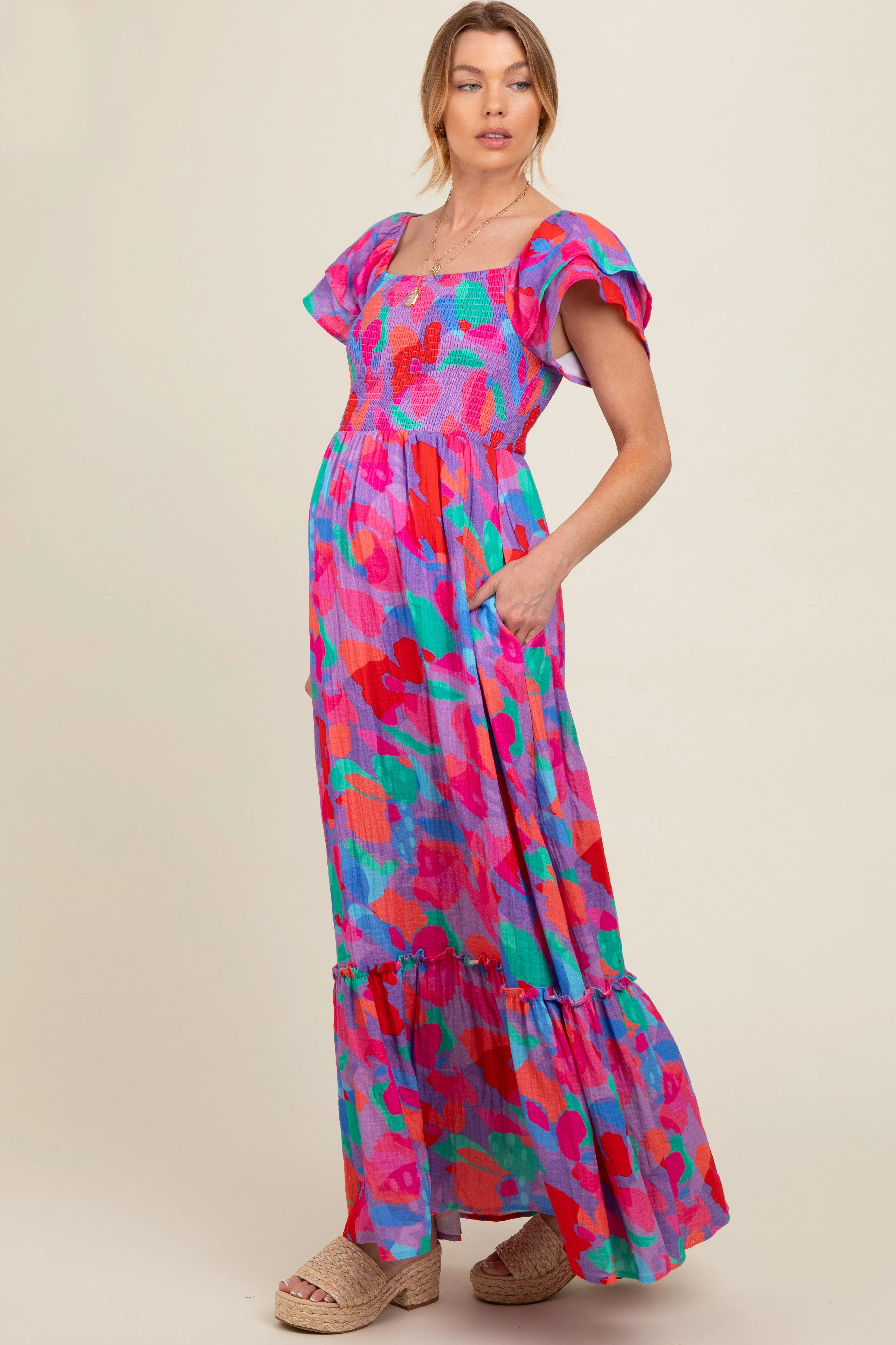 Pink Smocked Ruffle Sleeve Maternity Maxi Dress sold by Pinkblush product image thumbnail 3