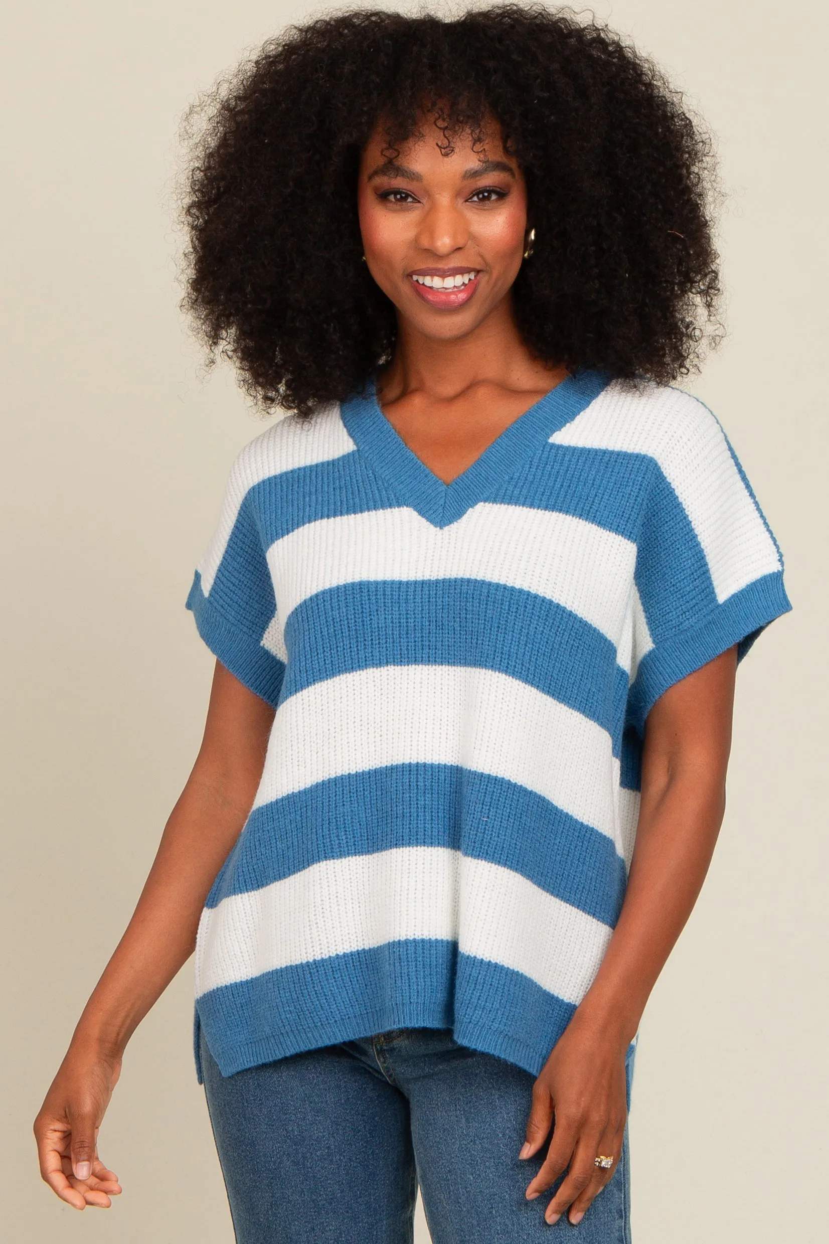 Blue Striped V-Neck Sweater Top sold by Pinkblush product image thumbnail 2