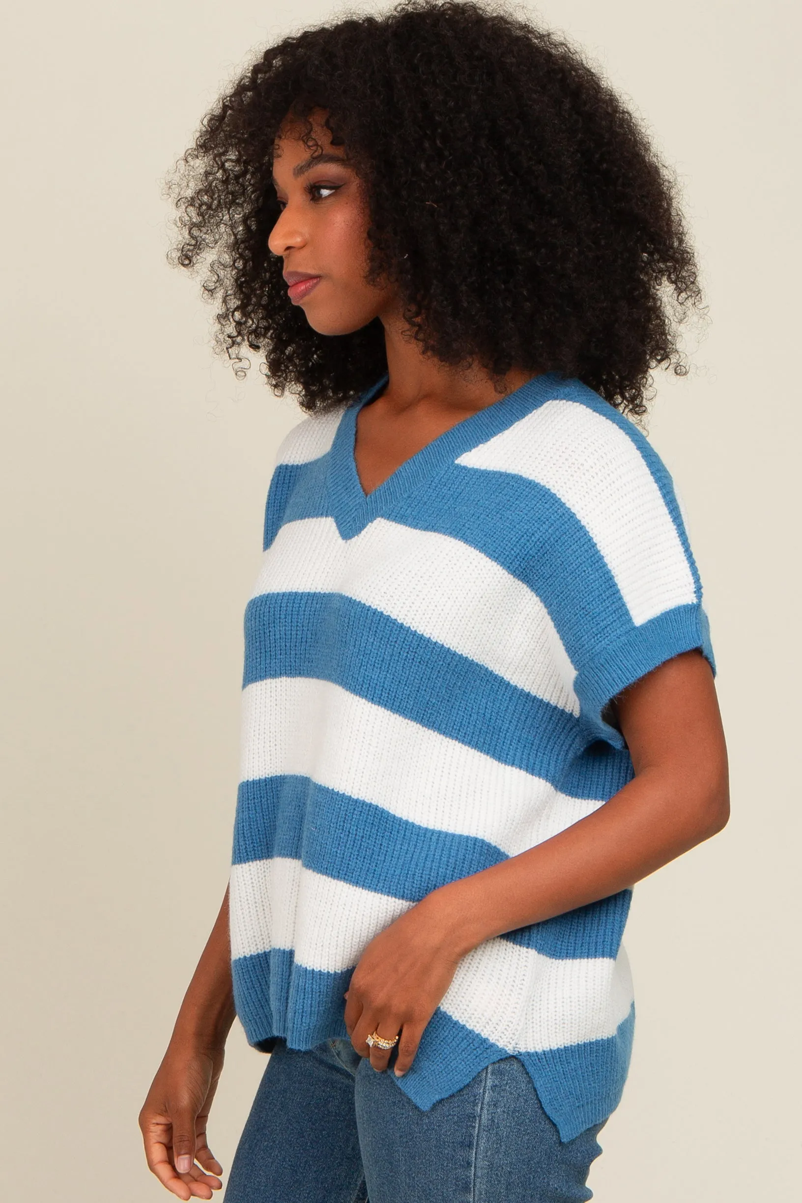 Blue Striped V-Neck Sweater Top sold by Pinkblush product image thumbnail 3