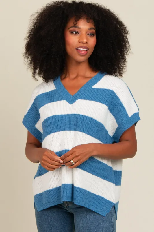 Blue Striped V-Neck Sweater Top sold by Pinkblush