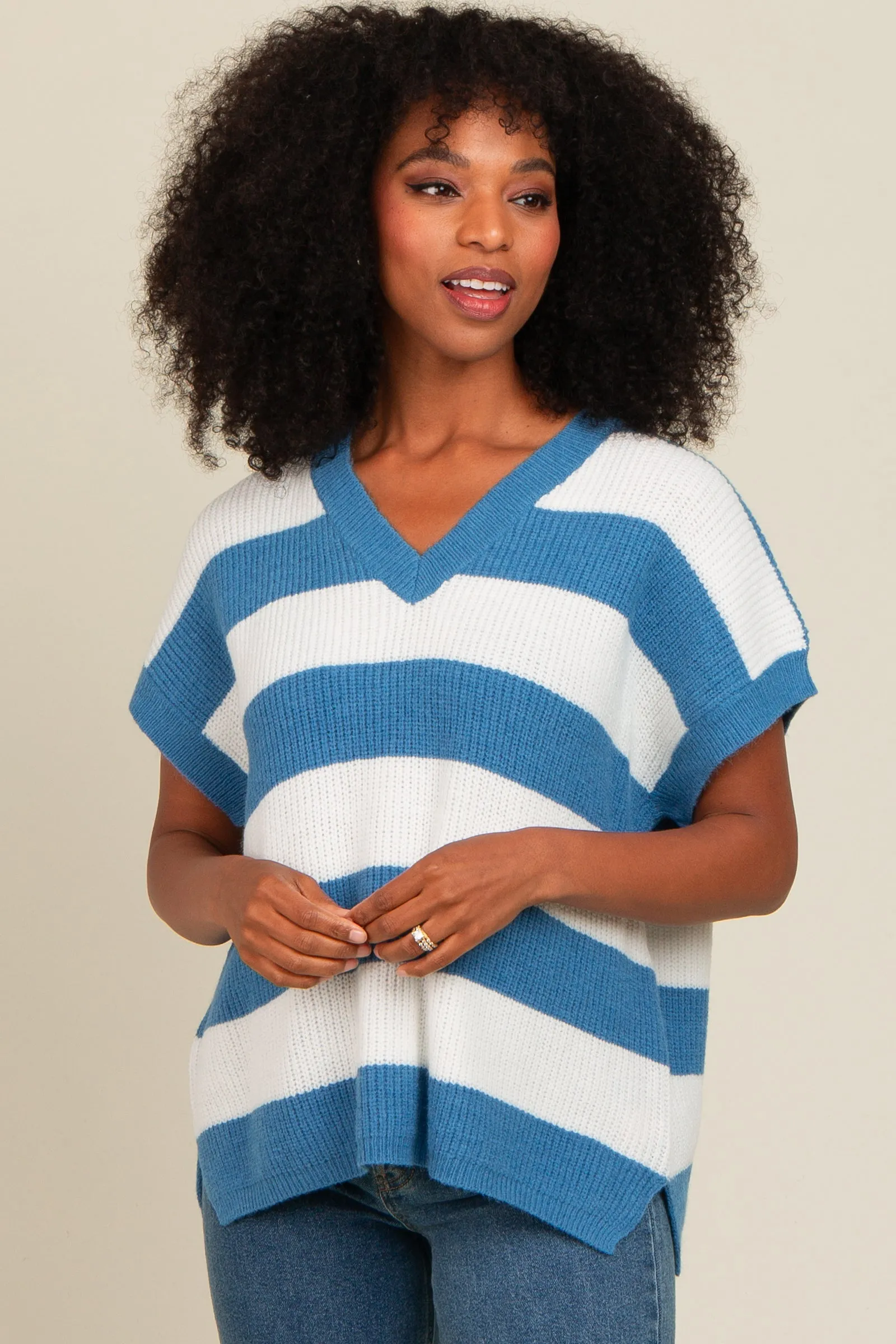 Blue Striped V-Neck Sweater Top sold by Pinkblush