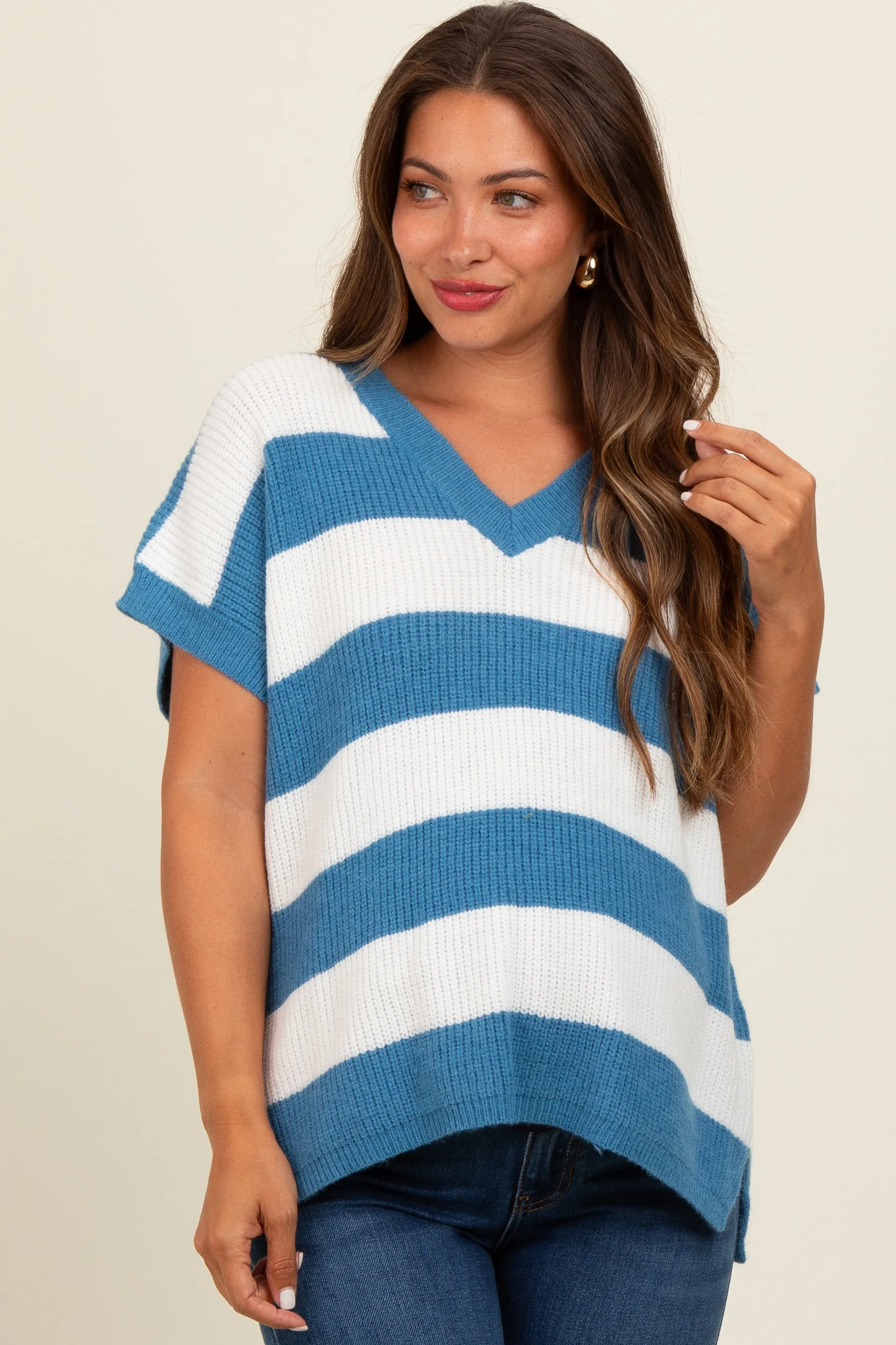 Blue Striped V-Neck Maternity Sweater Top sold by Pinkblush