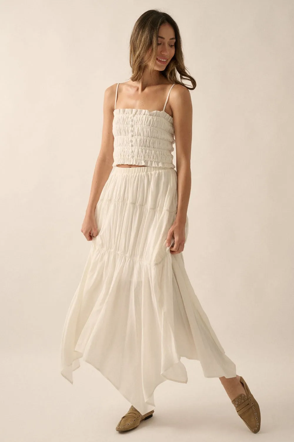 Off White Solid Smocked-Bodice Cropped Cami Top sold by Pinkblush product image thumbnail 4