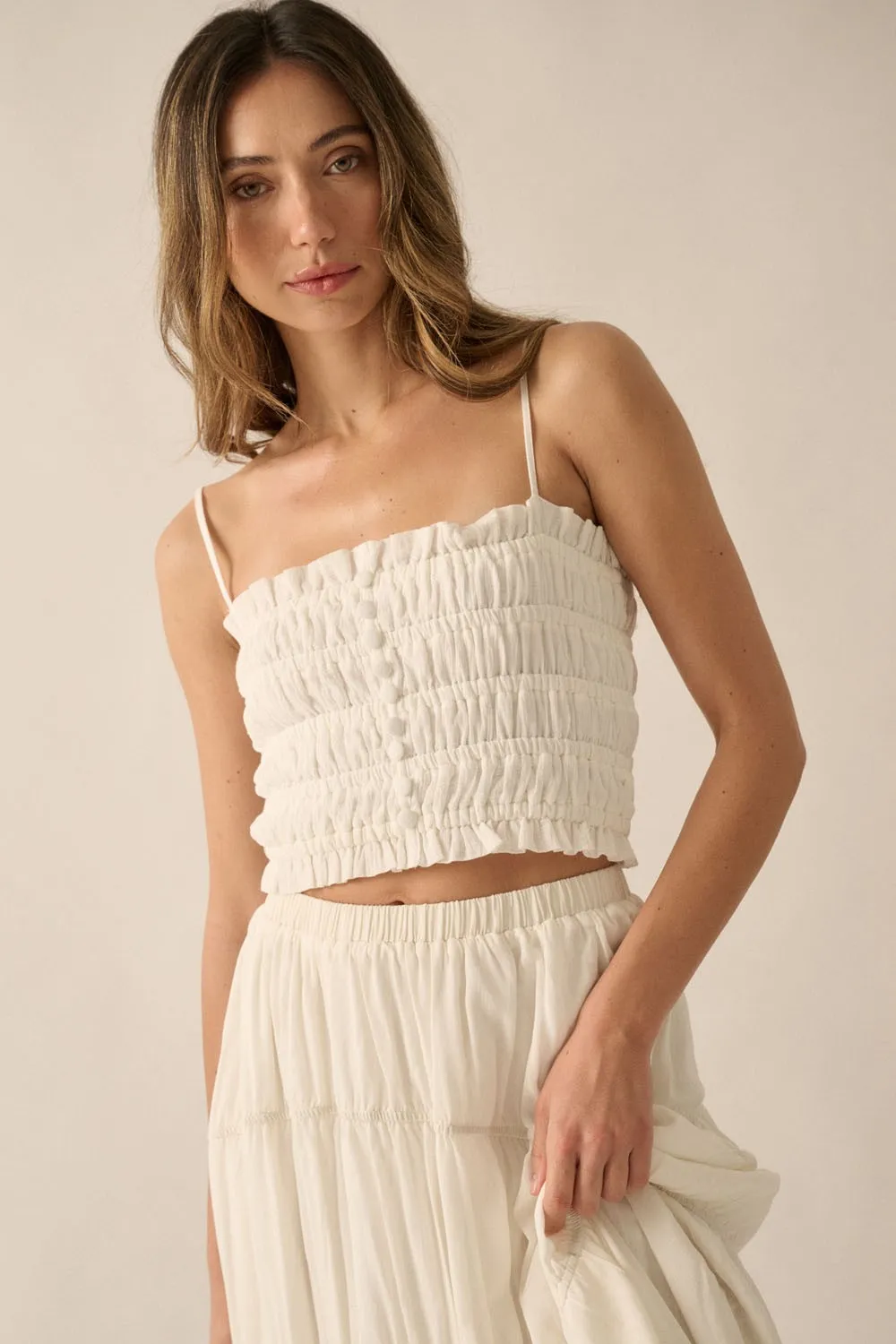 Off White Solid Smocked-Bodice Cropped Cami Top sold by Pinkblush