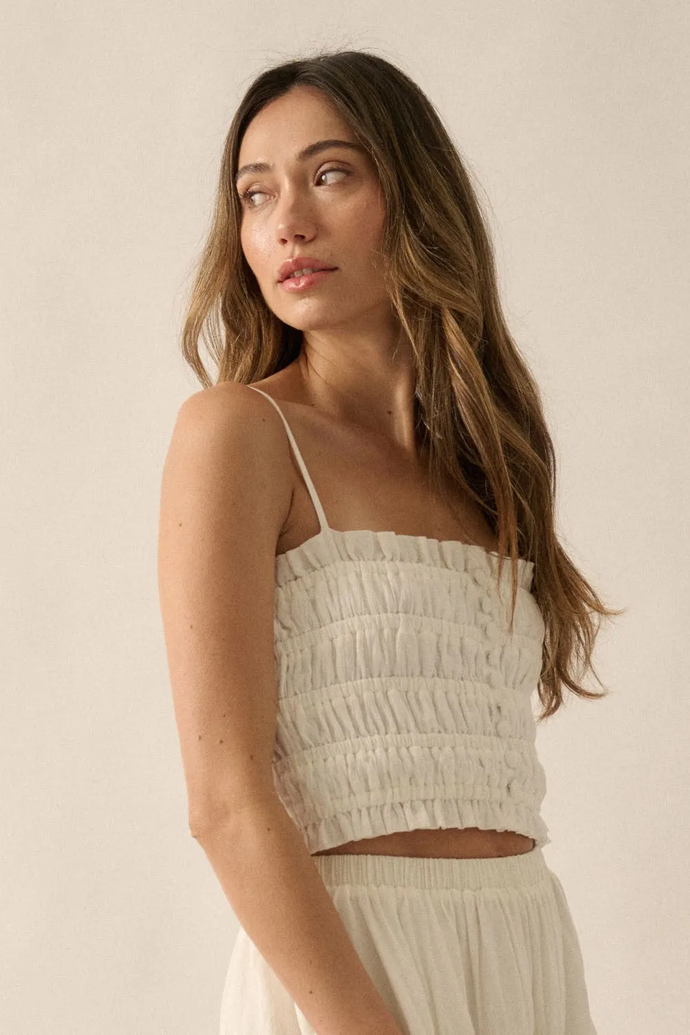 Off White Solid Smocked-Bodice Cropped Cami Top sold by Pinkblush product image thumbnail 2