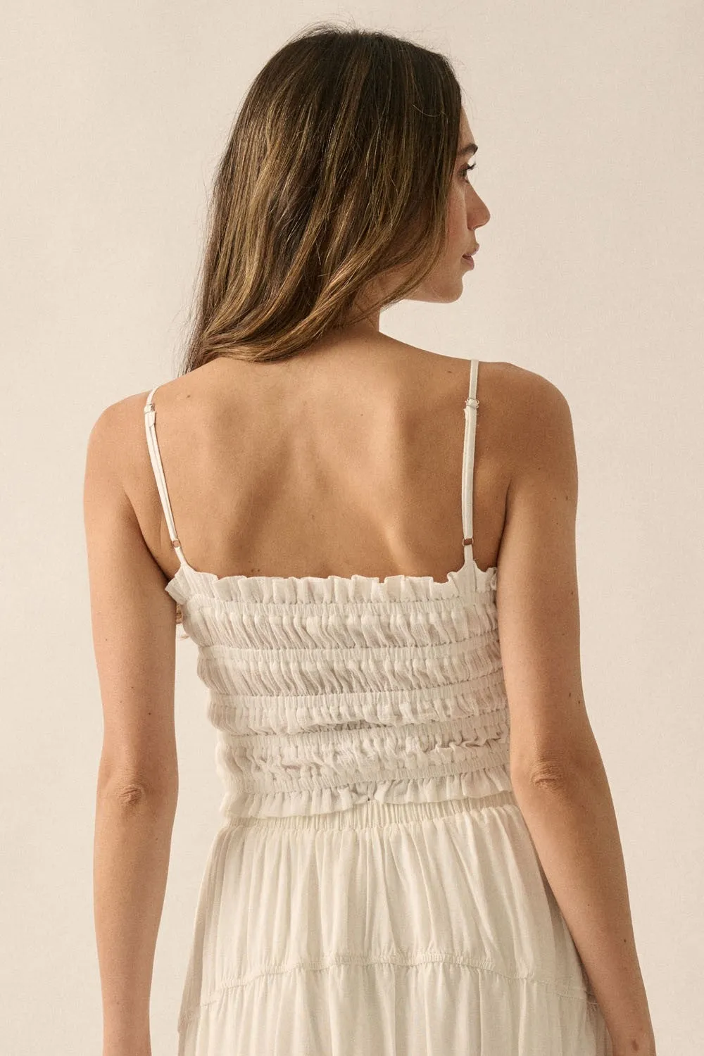 Off White Solid Smocked-Bodice Cropped Cami Top sold by Pinkblush product image thumbnail 3