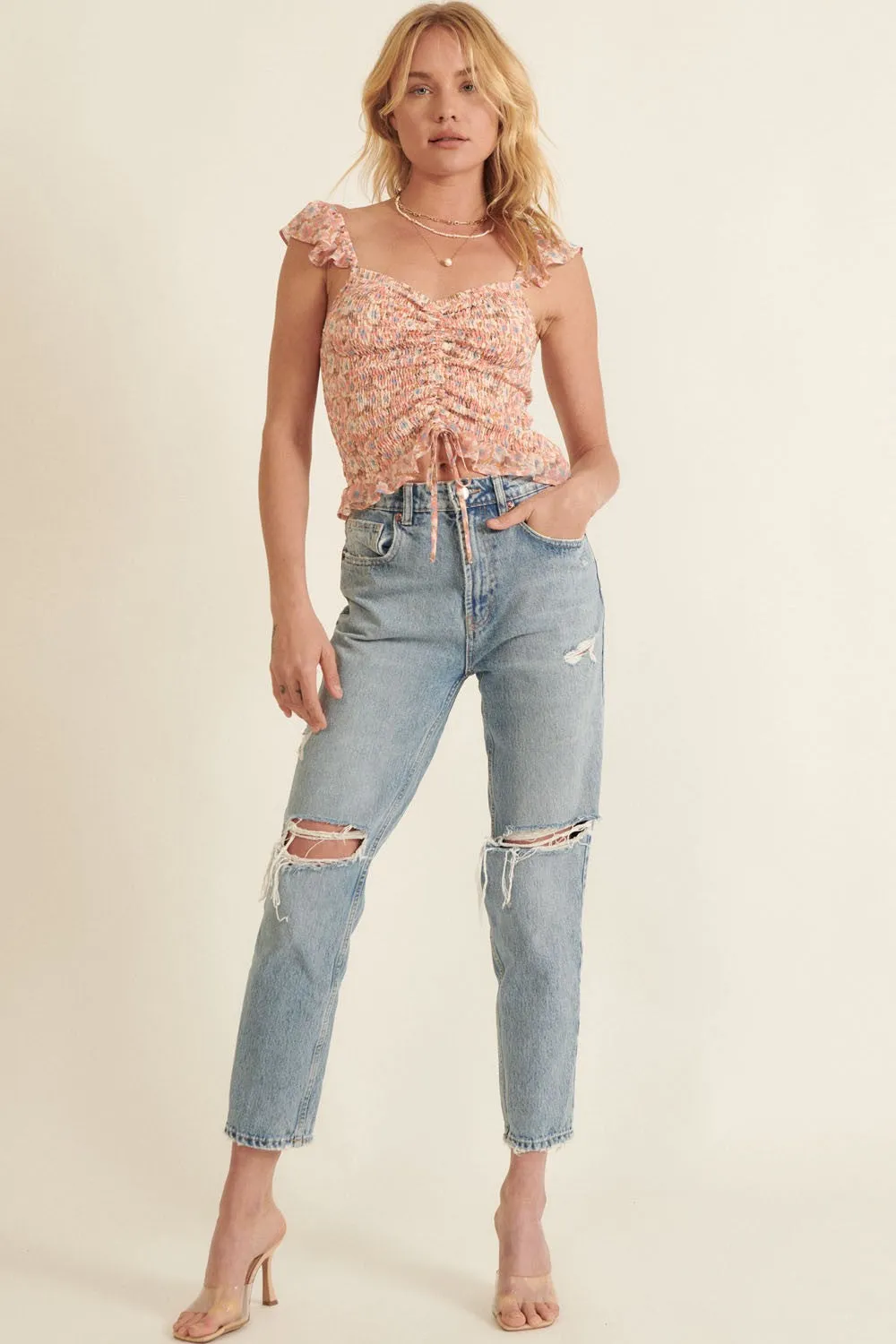 Peach Floral Sweetheart Smocked Ruched Ruffle Top sold by Pinkblush product image thumbnail 4