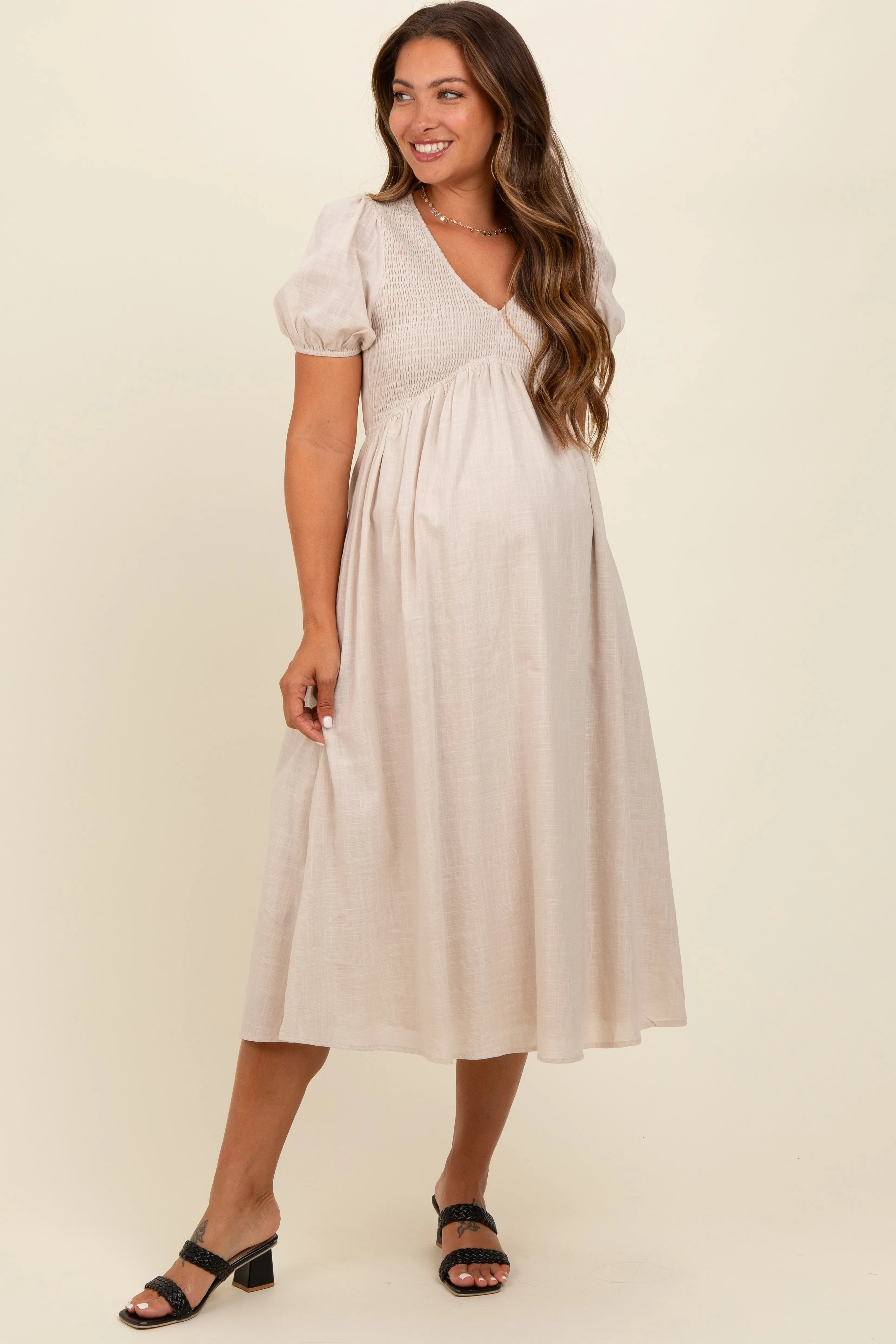 Beige Smocked V-Neck Puff Sleeve Maternity Midi Dress sold by Pinkblush