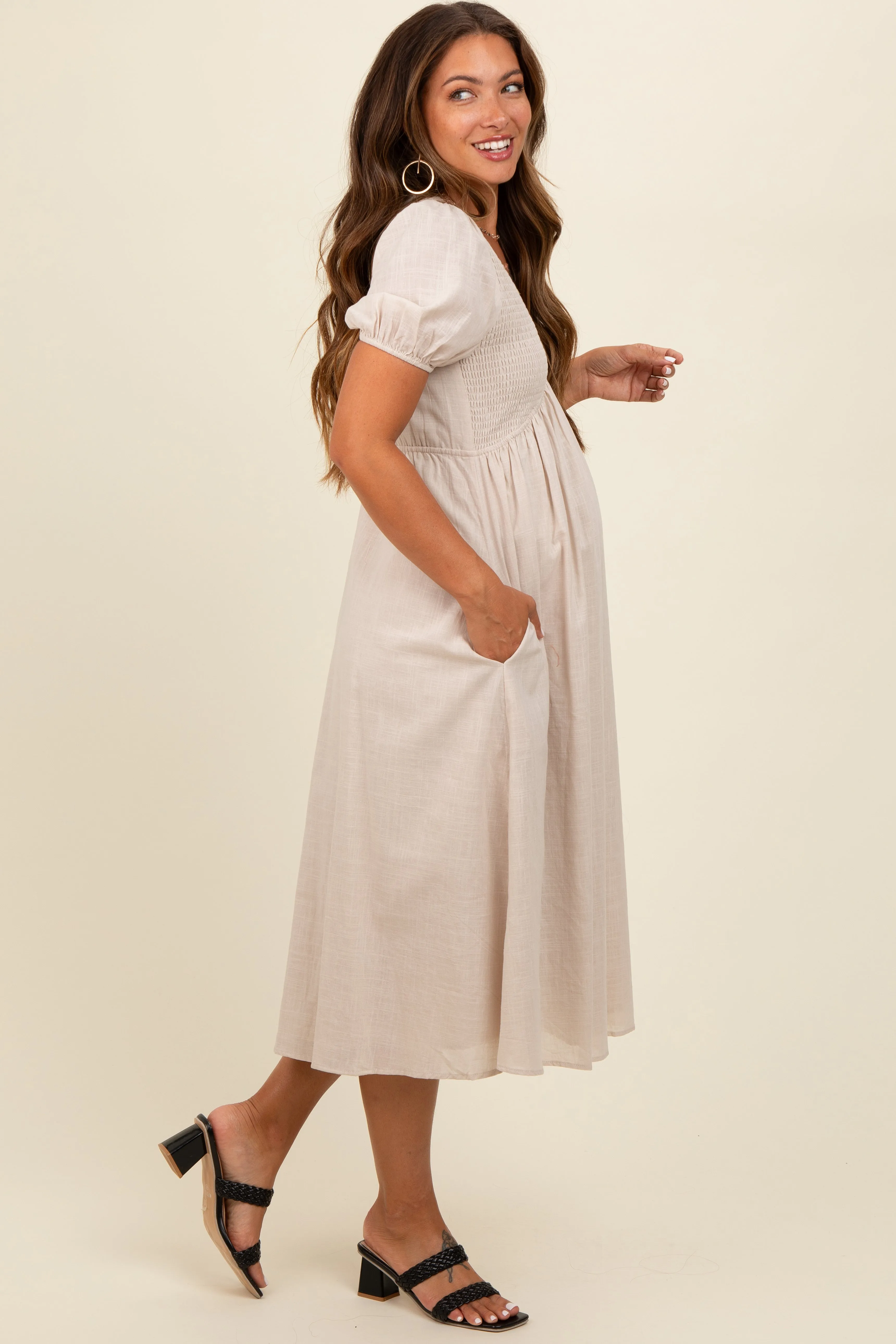 Beige Smocked V-Neck Puff Sleeve Maternity Midi Dress sold by Pinkblush product image thumbnail 2