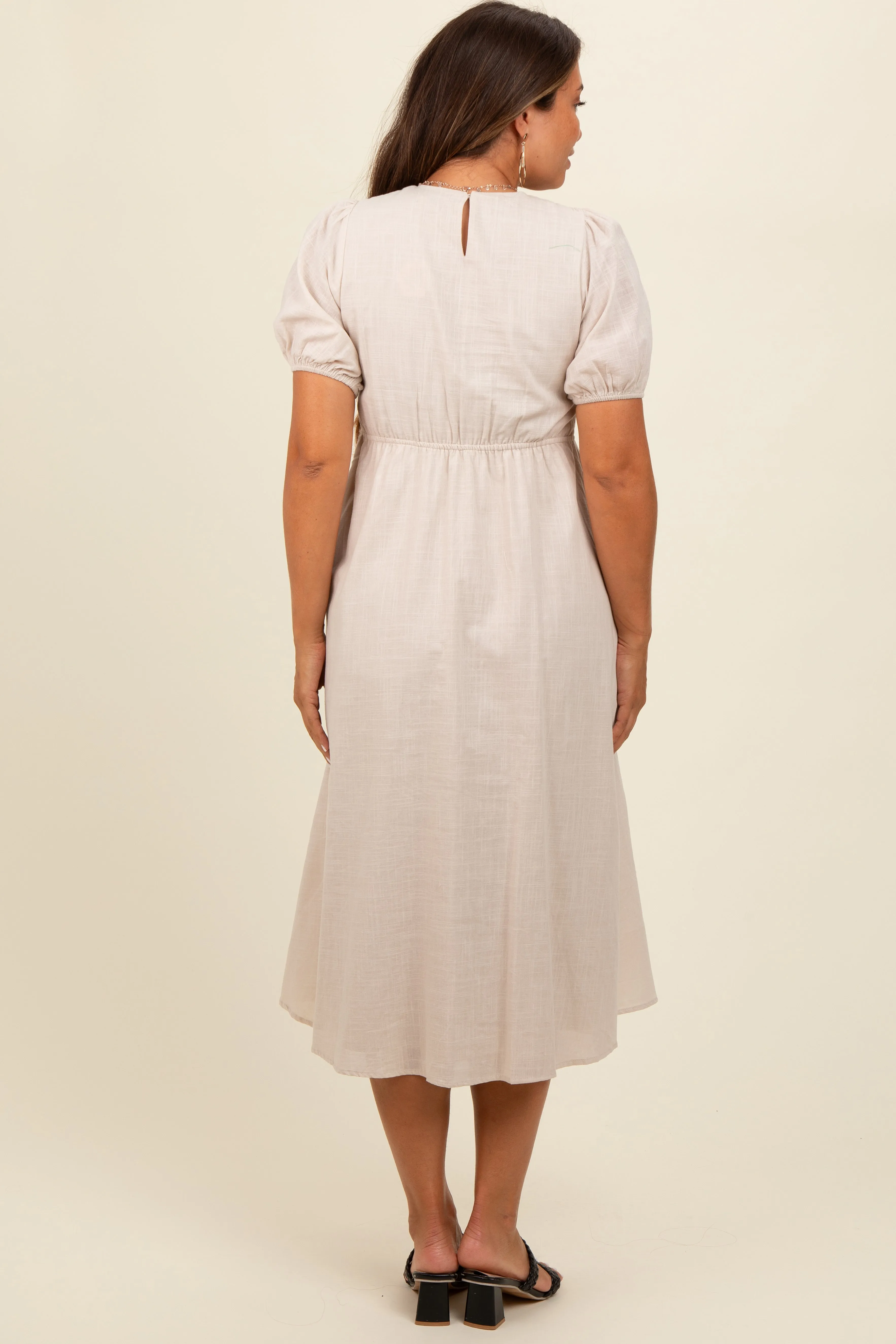 Beige Smocked V-Neck Puff Sleeve Maternity Midi Dress sold by Pinkblush product image thumbnail 3