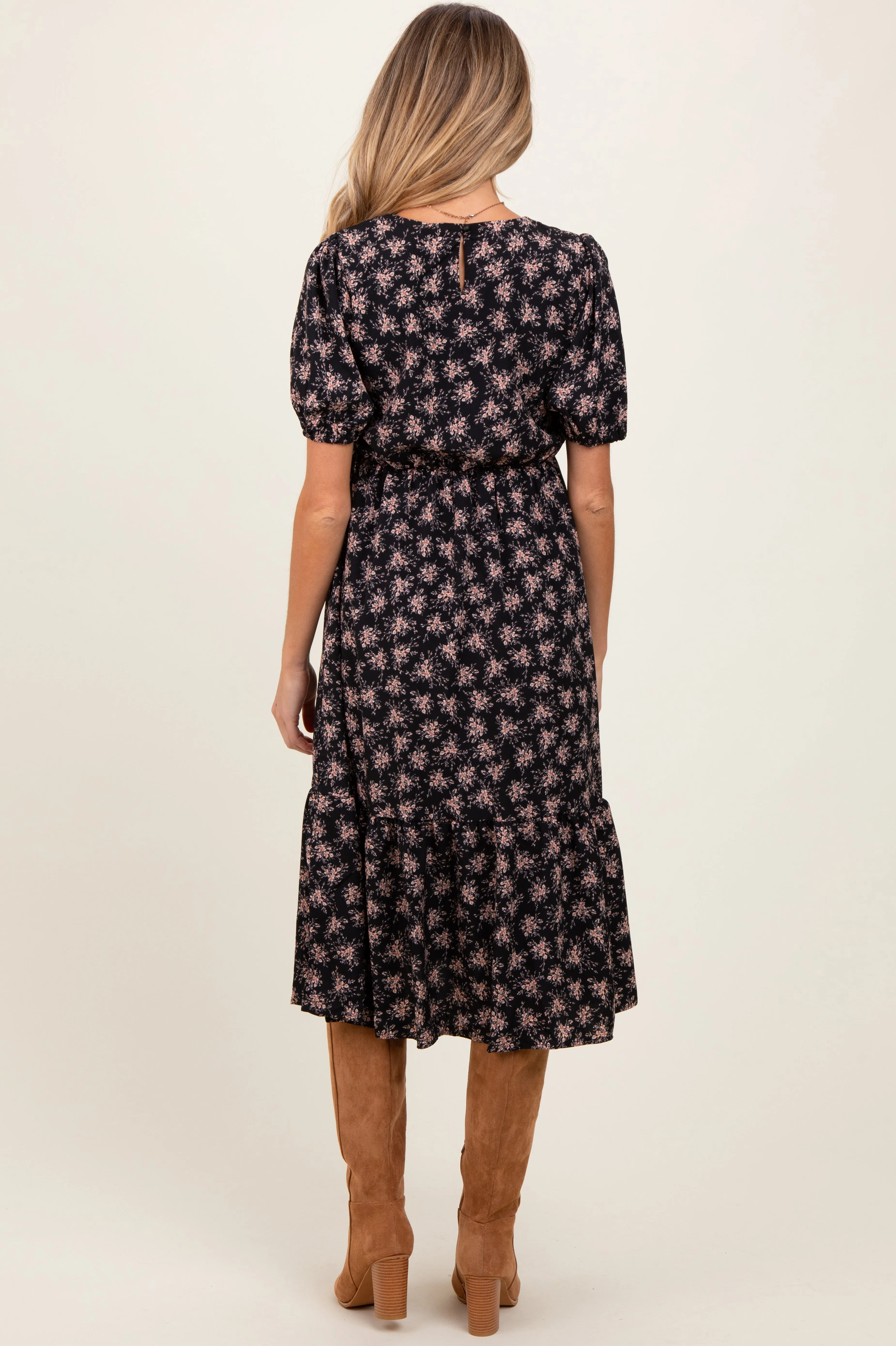 Black Floral Puff Sleeve Smocked Maternity Midi Dress sold by Pinkblush product image thumbnail 3