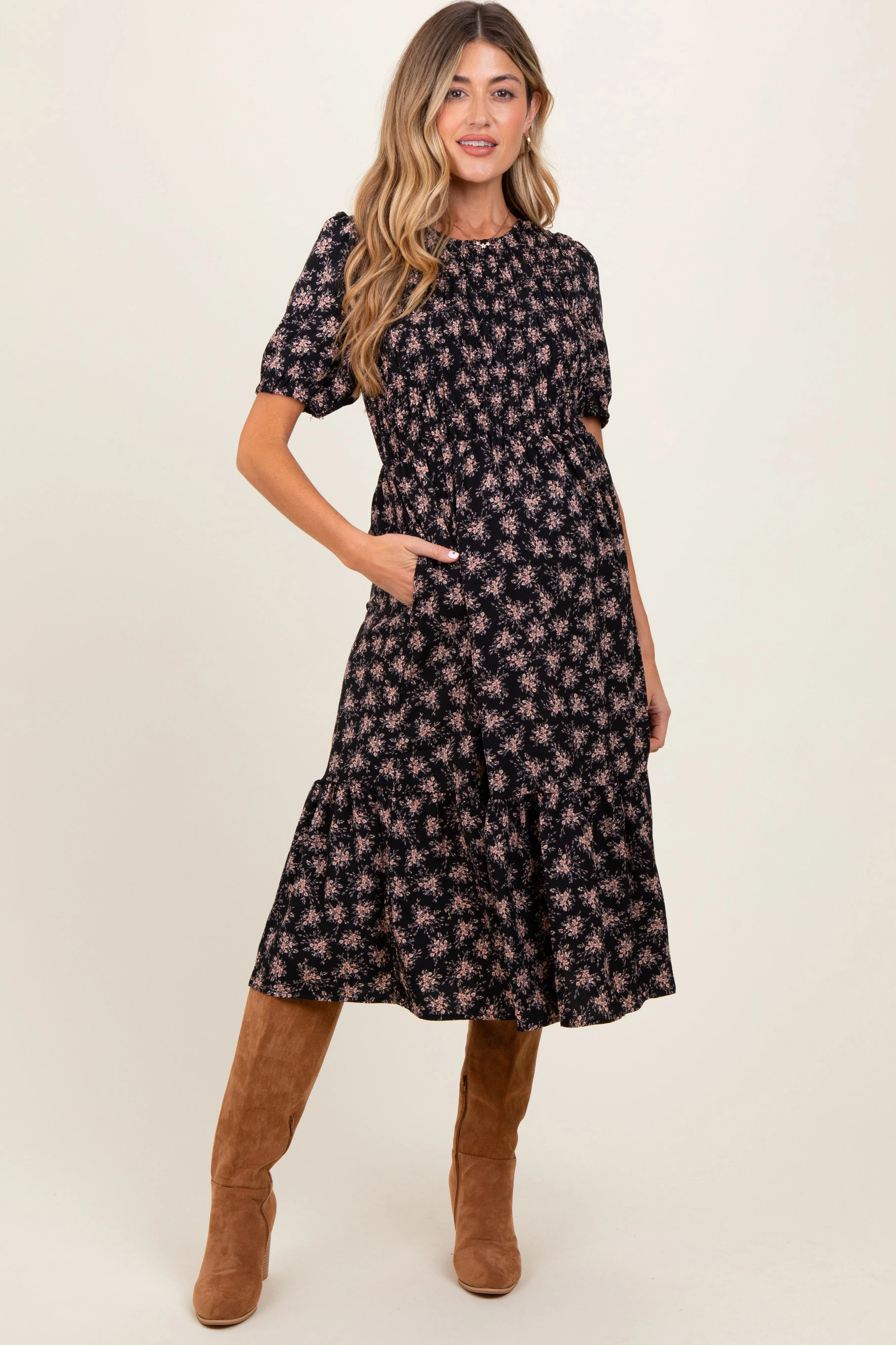 Black Floral Puff Sleeve Smocked Maternity Midi Dress sold by Pinkblush