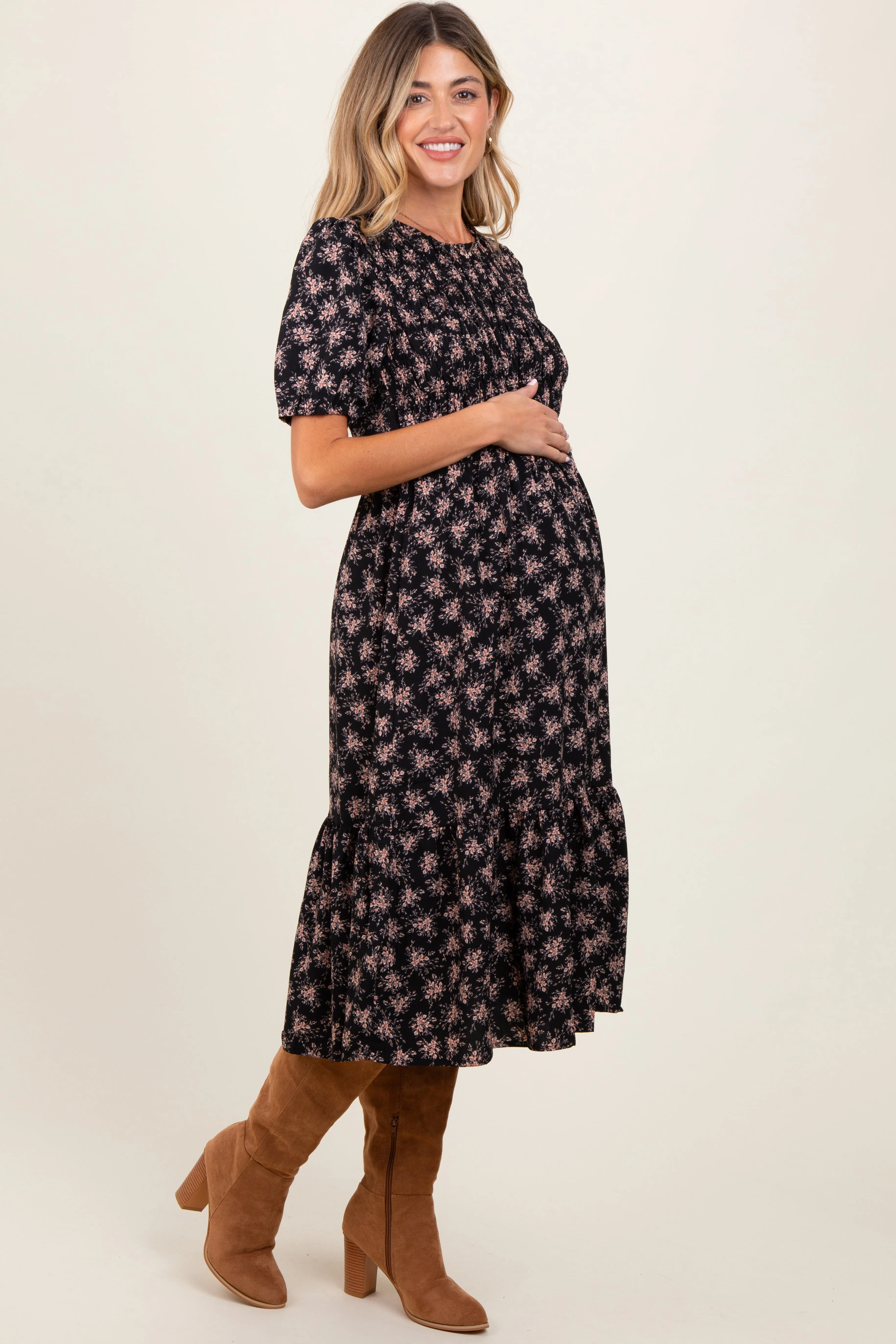 Black Floral Puff Sleeve Smocked Maternity Midi Dress sold by Pinkblush product image thumbnail 2