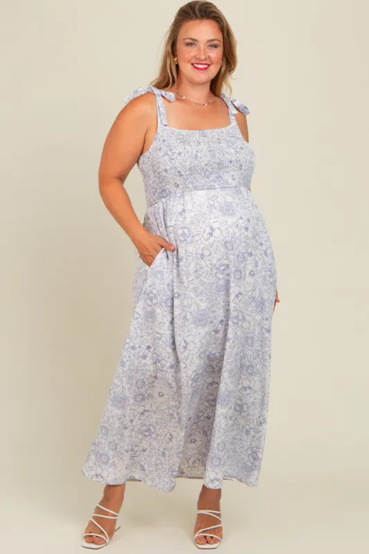 White Blue Floral Tie Strap Maternity Plus Maxi Dress sold by Pinkblush
