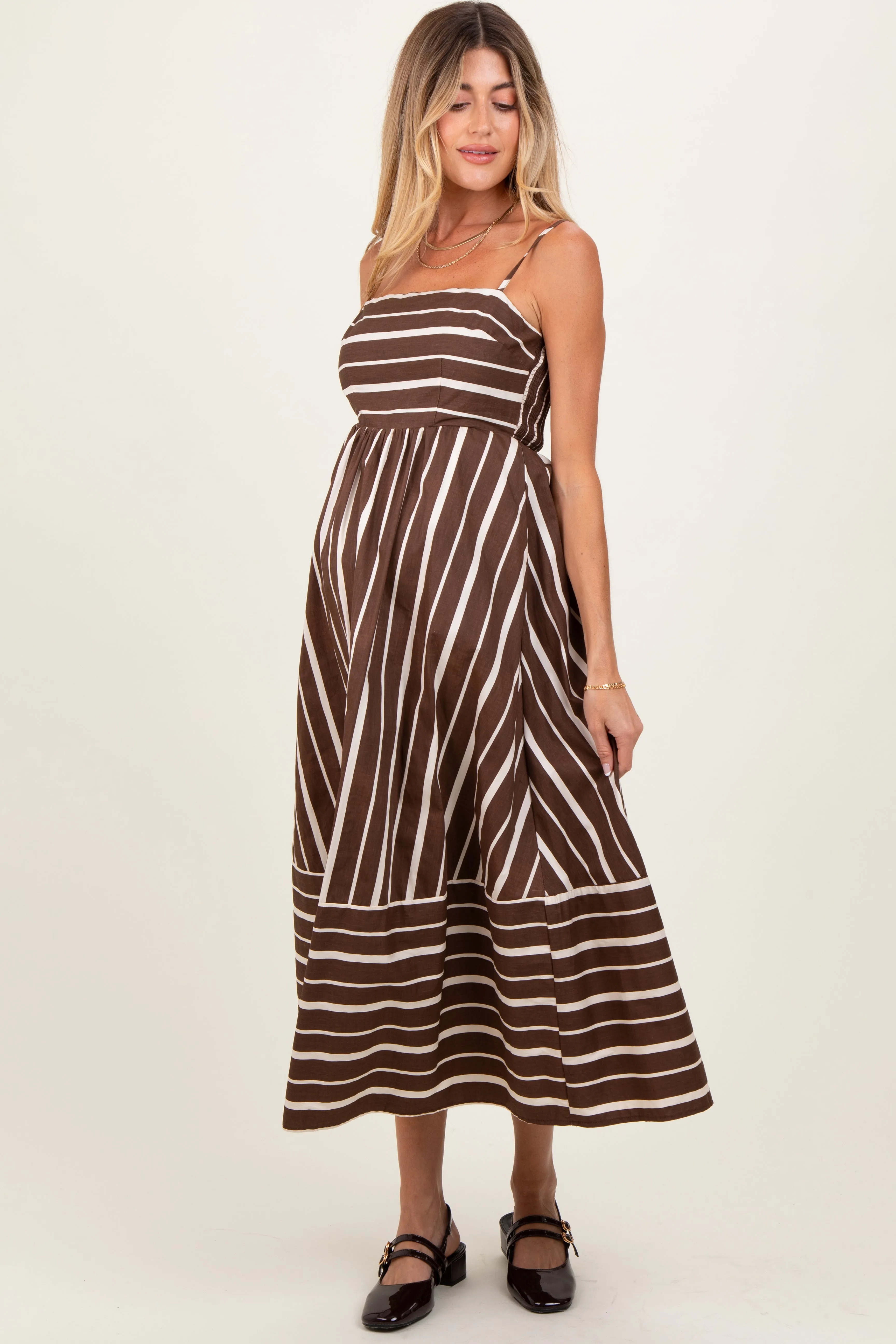 Brown Striped Back Cutout Maternity Dress sold by Pinkblush