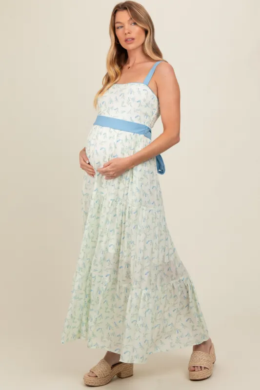 Blue Floral Contrast Sash Tie Maternity Maxi Dress sold by Pinkblush