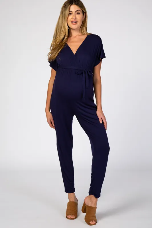 Navy Wrap Tie Maternity Jumpsuit sold by Pinkblush