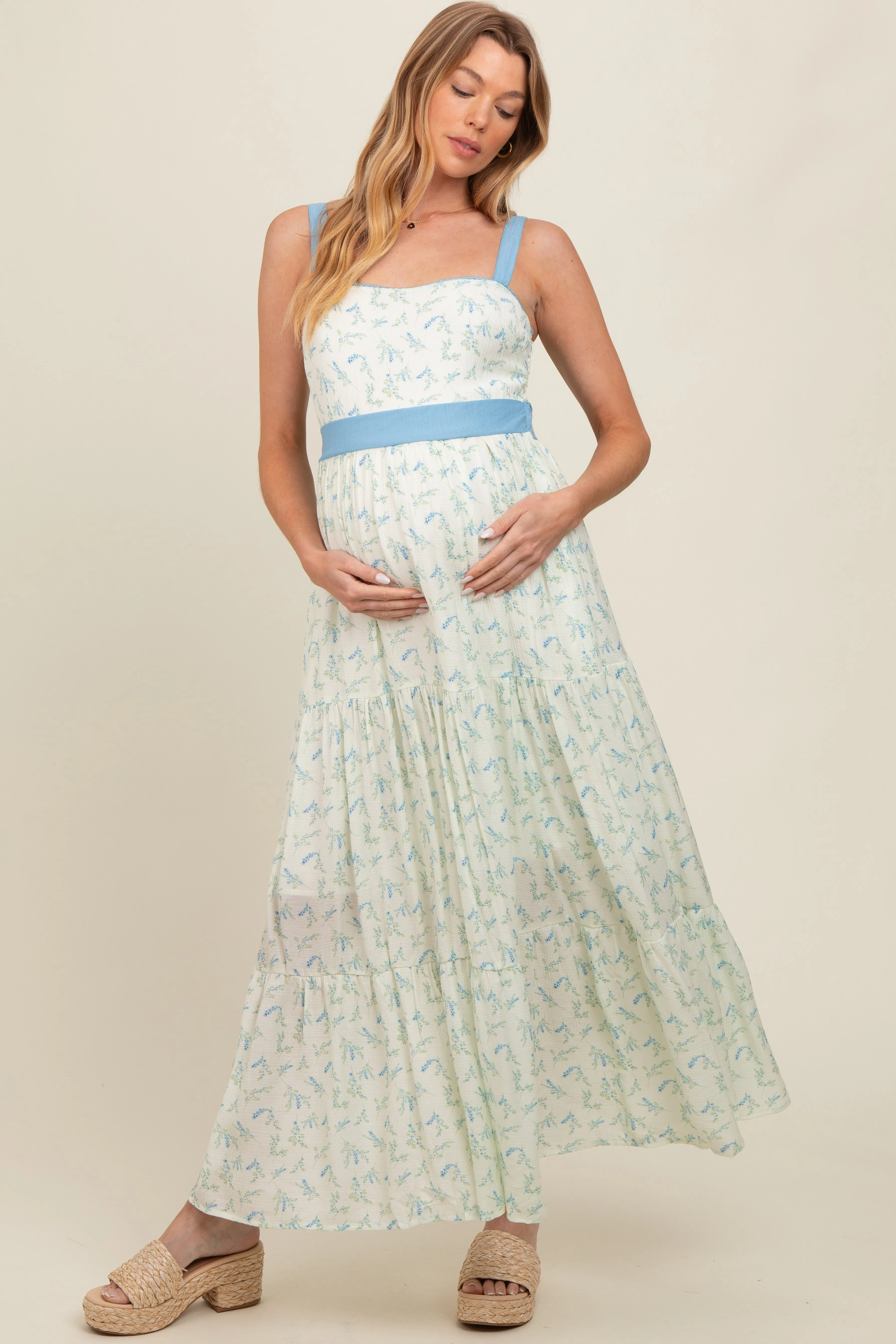 Blue Floral Contrast Sash Tie Maternity Maxi Dress sold by Pinkblush product image thumbnail 2