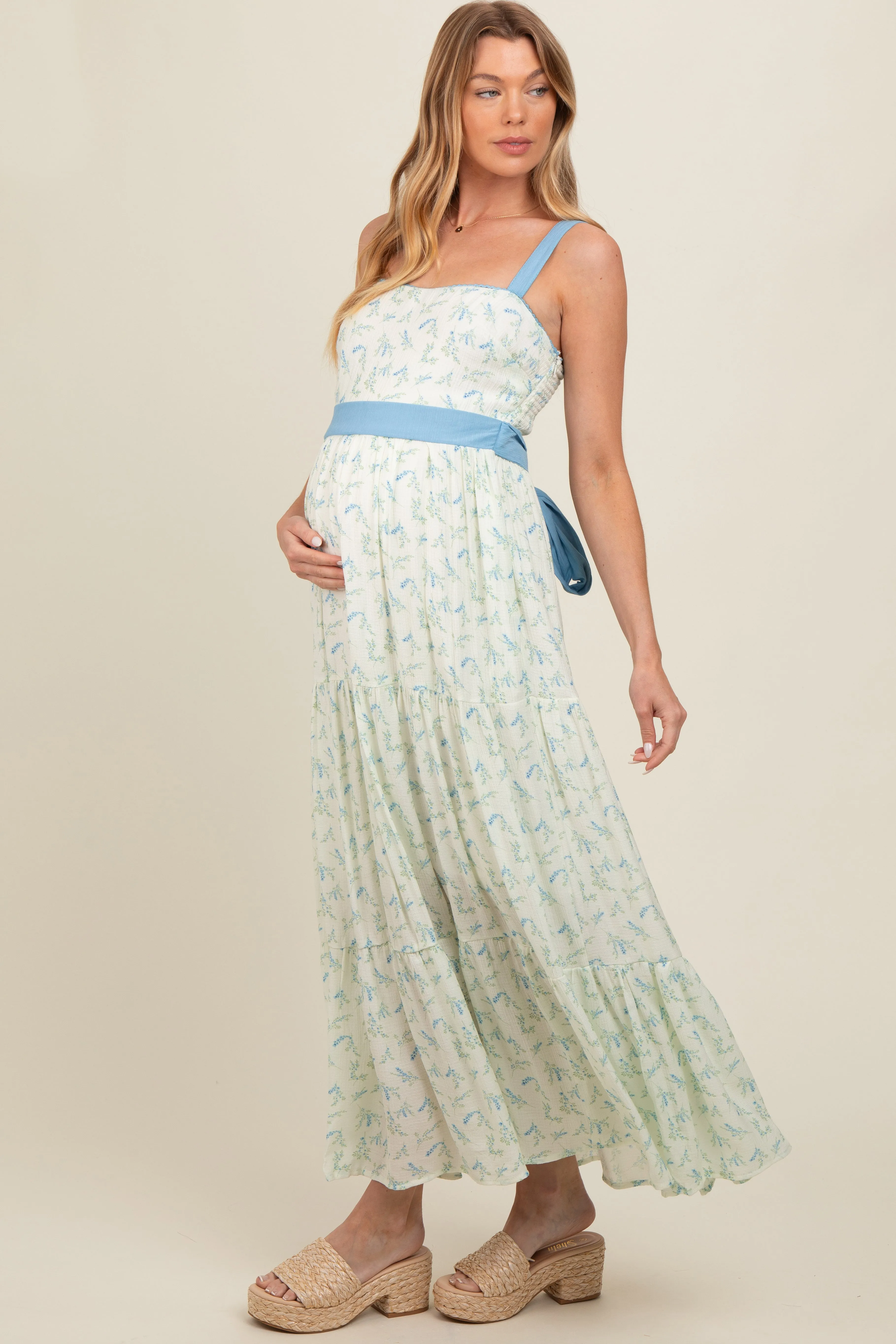 Blue Floral Contrast Sash Tie Maternity Maxi Dress sold by Pinkblush product image thumbnail 3