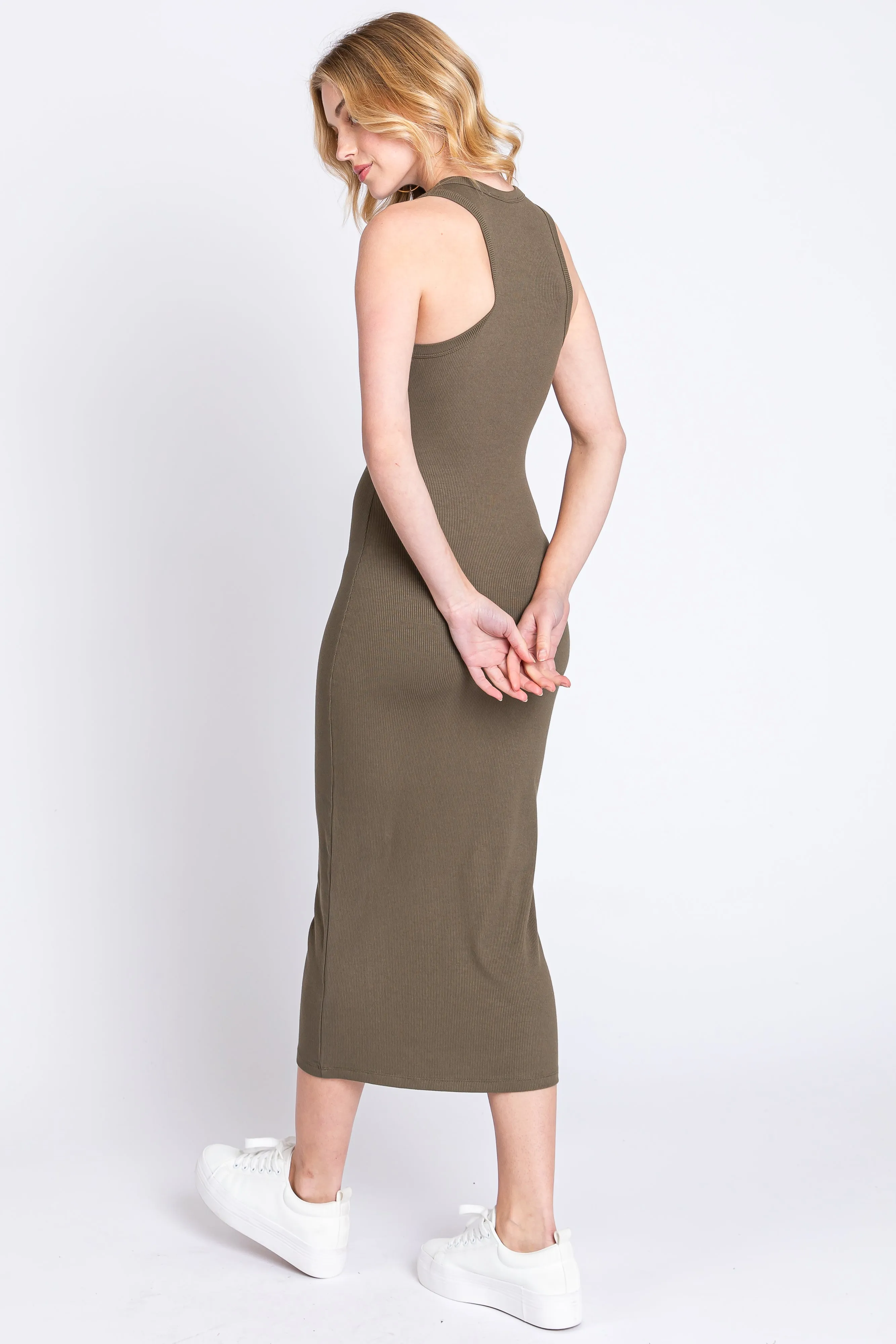 Olive Sleeveless Ribbed Fitted Maternity Midi Dress sold by Pinkblush product image thumbnail 3