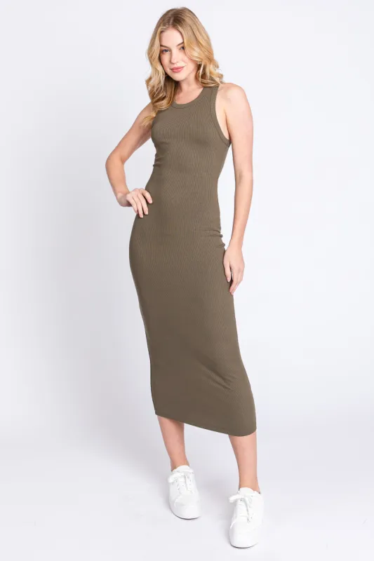 Olive Sleeveless Ribbed Fitted Maternity Midi Dress sold by Pinkblush